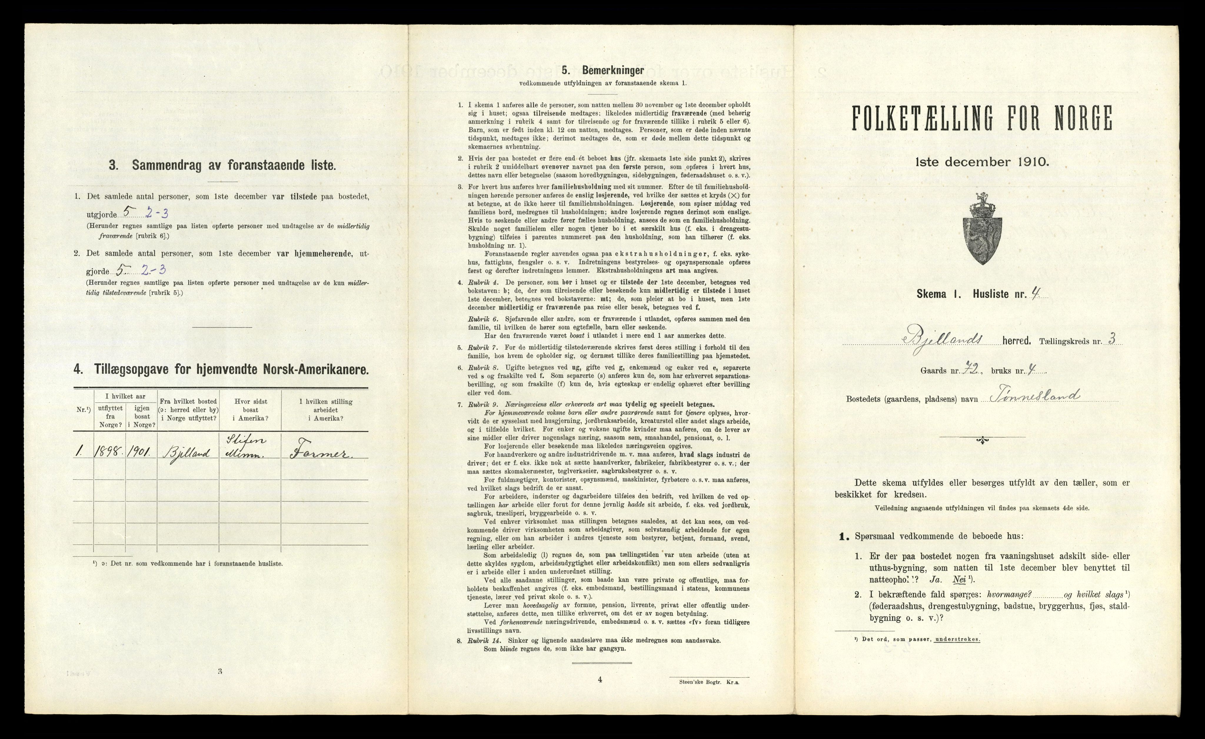 RA, 1910 census for Bjelland, 1910, p. 176