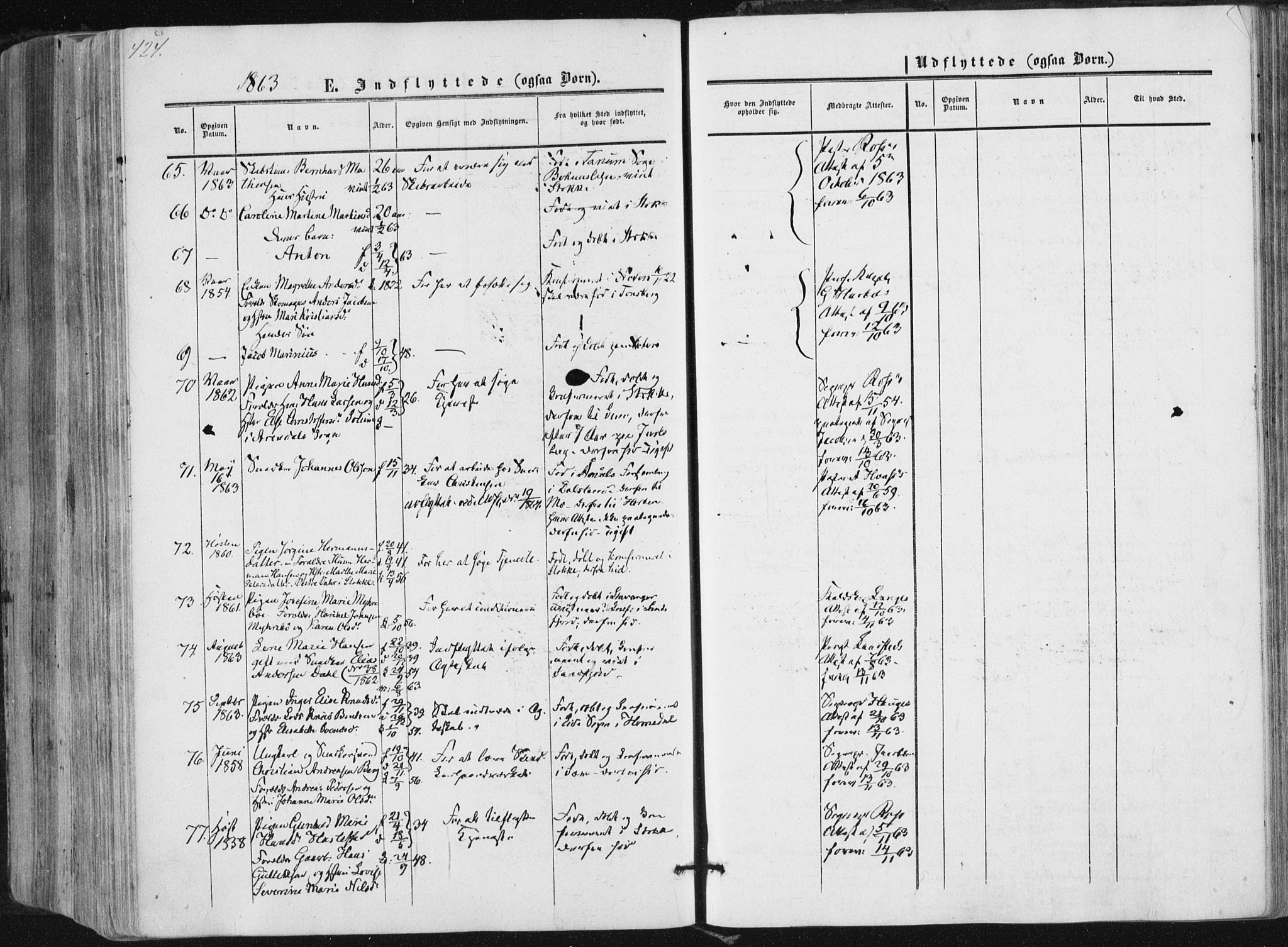 Tønsberg kirkebøker, AV/SAKO-A-330/F/Fa/L0008: Parish register (official) no. I 8, 1855-1864, p. 424