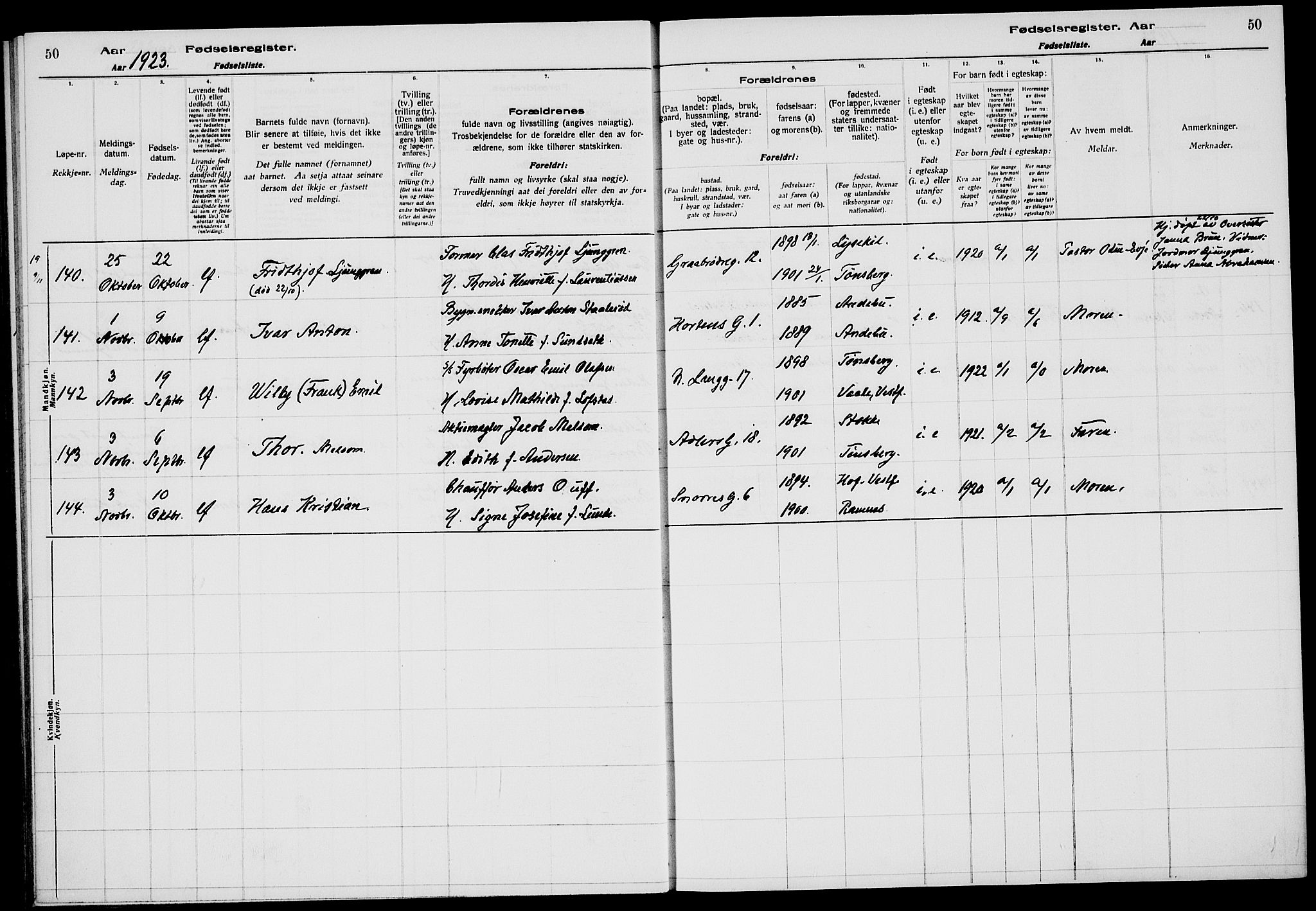 Tønsberg kirkebøker, AV/SAKO-A-330/J/Ja/L0002: Birth register no. 2, 1922-1928, p. 50