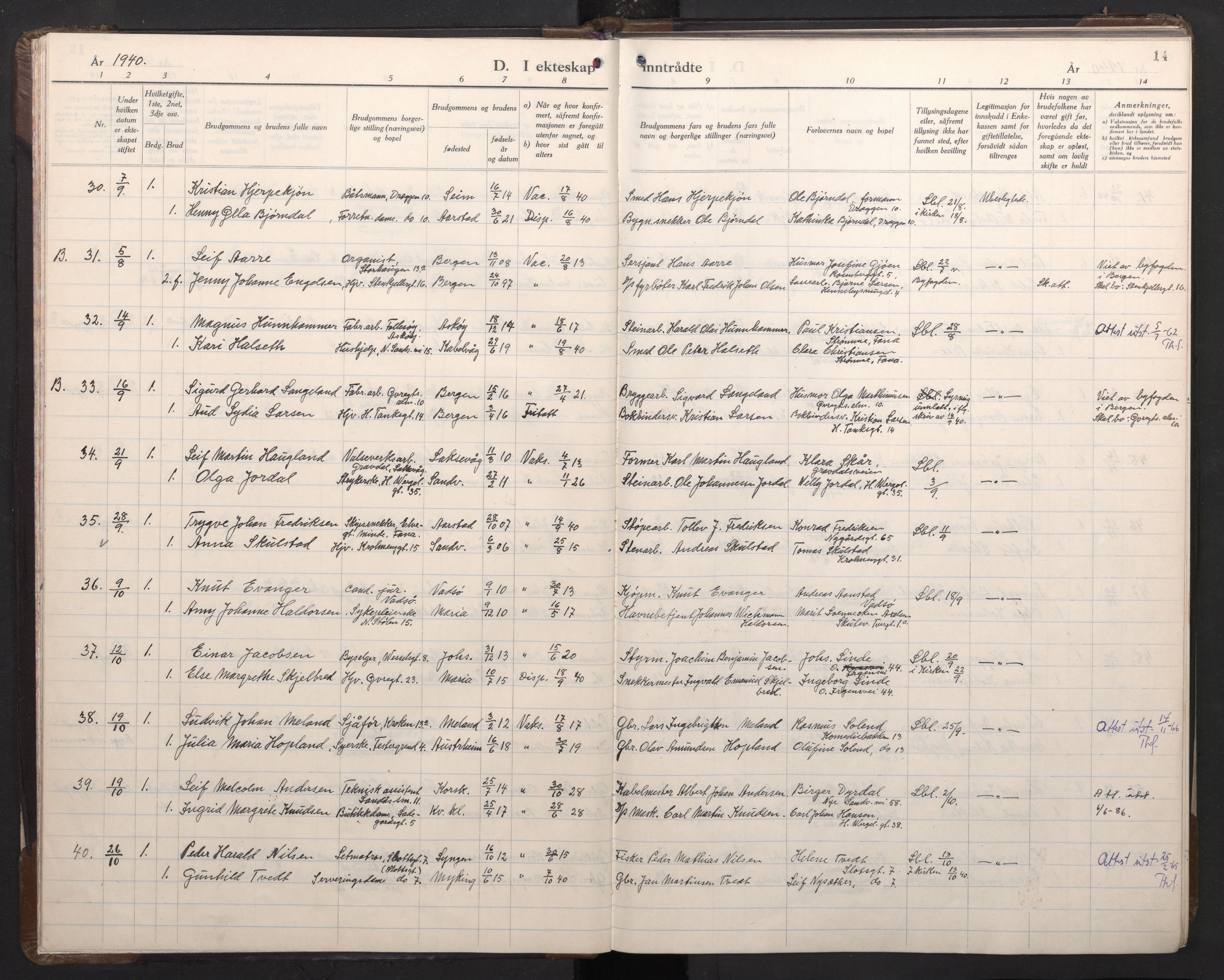 Mariakirken Sokneprestembete, AV/SAB-A-76901/H/Haa/L0019: Parish register (official) no. D 1, 1939-1963, p. 13b-14a