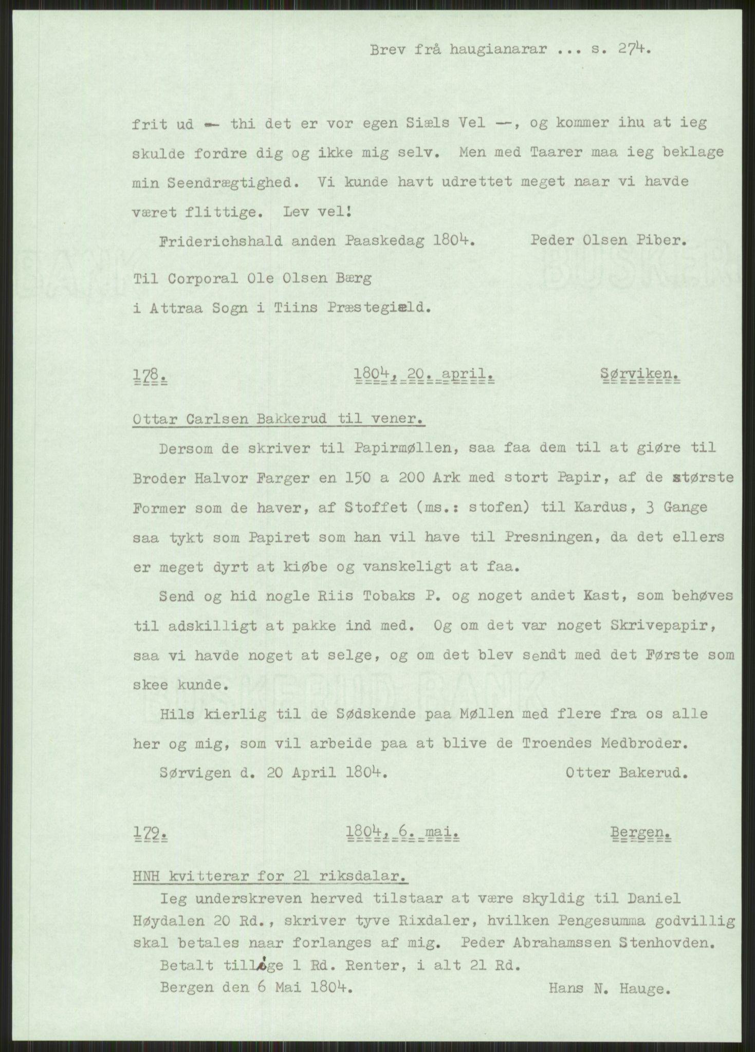 Samlinger til kildeutgivelse, Haugianerbrev, AV/RA-EA-6834/F/L0001: Haugianerbrev I: 1760-1804, 1760-1804, p. 274