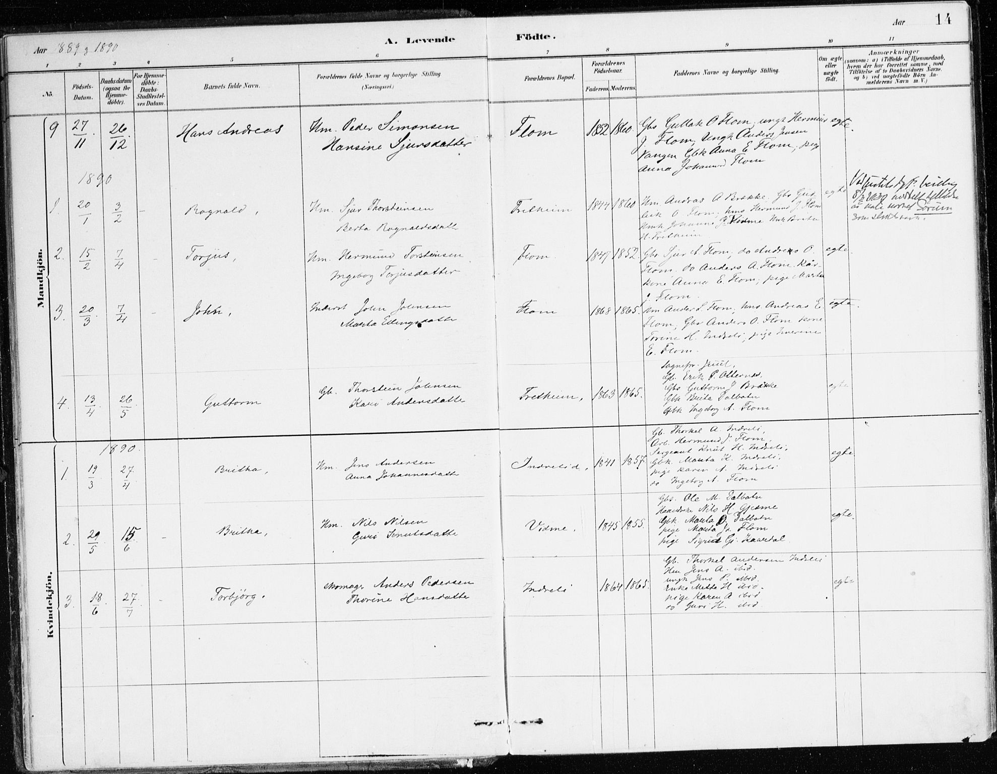 Aurland sokneprestembete, SAB/A-99937/H/Ha/Hac/L0001: Parish register (official) no. C 1, 1880-1921, p. 14