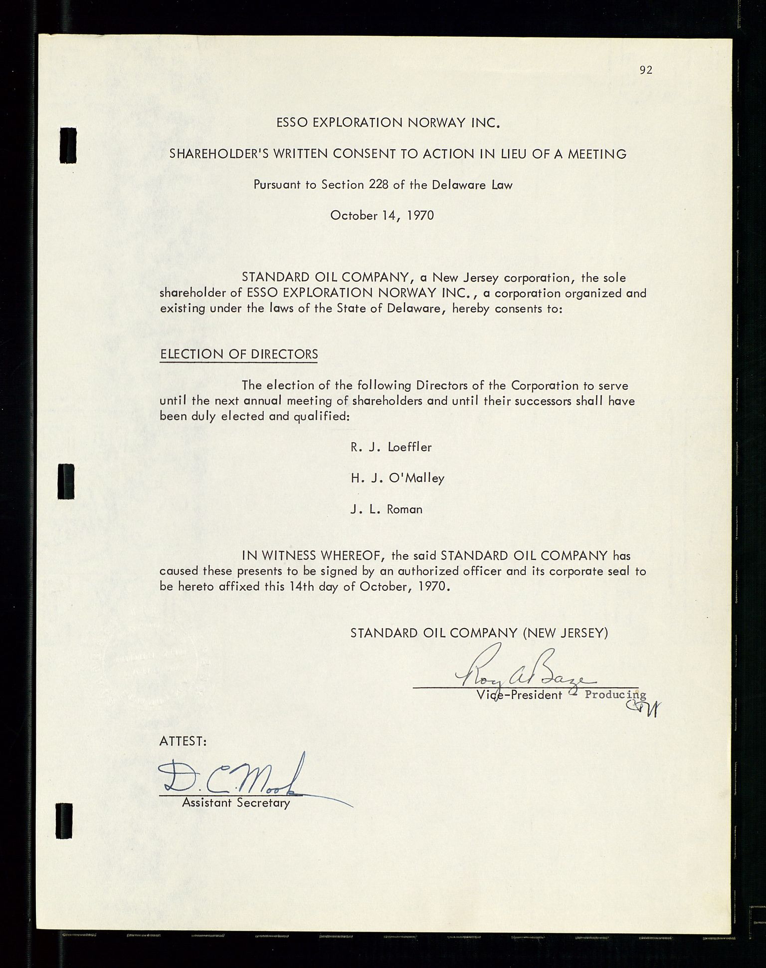 Pa 1512 - Esso Exploration and Production Norway Inc., SAST/A-101917/A/Aa/L0001/0001: Styredokumenter / Corporate records, By-Laws, Board meeting minutes, Incorporations, 1965-1975, p. 92