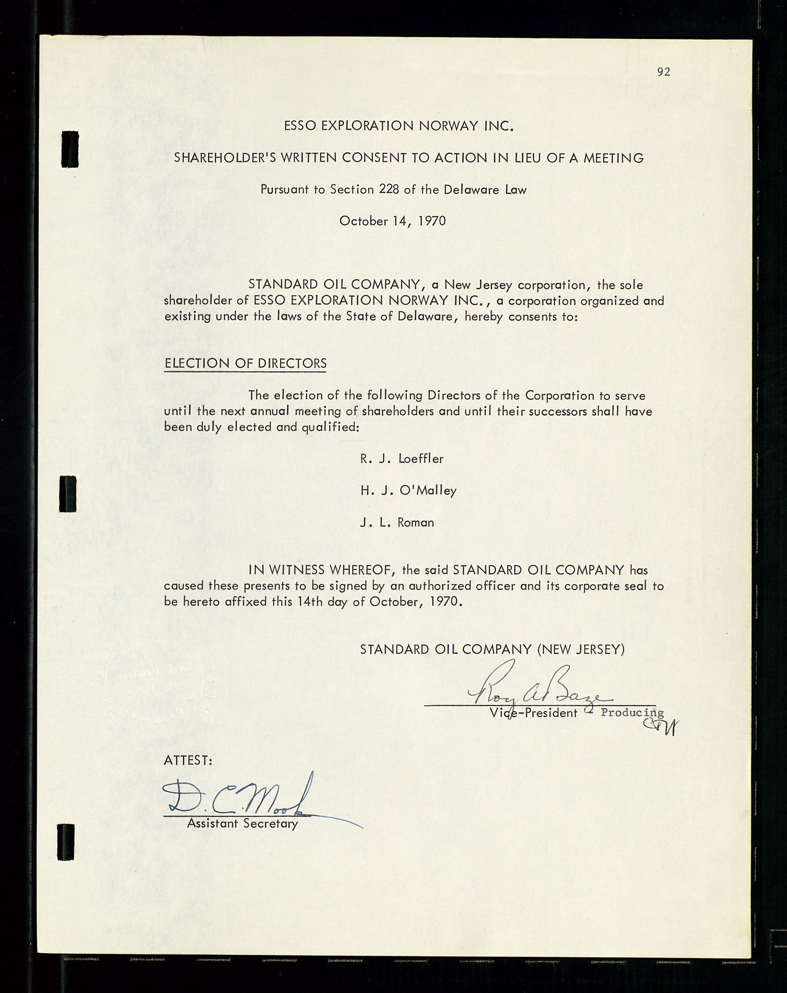 Pa 1512 - Esso Exploration and Production Norway Inc., AV/SAST-A-101917/A/Aa/L0001/0001: Styredokumenter / Corporate records, By-Laws, Board meeting minutes, Incorporations, 1965-1975, p. 92