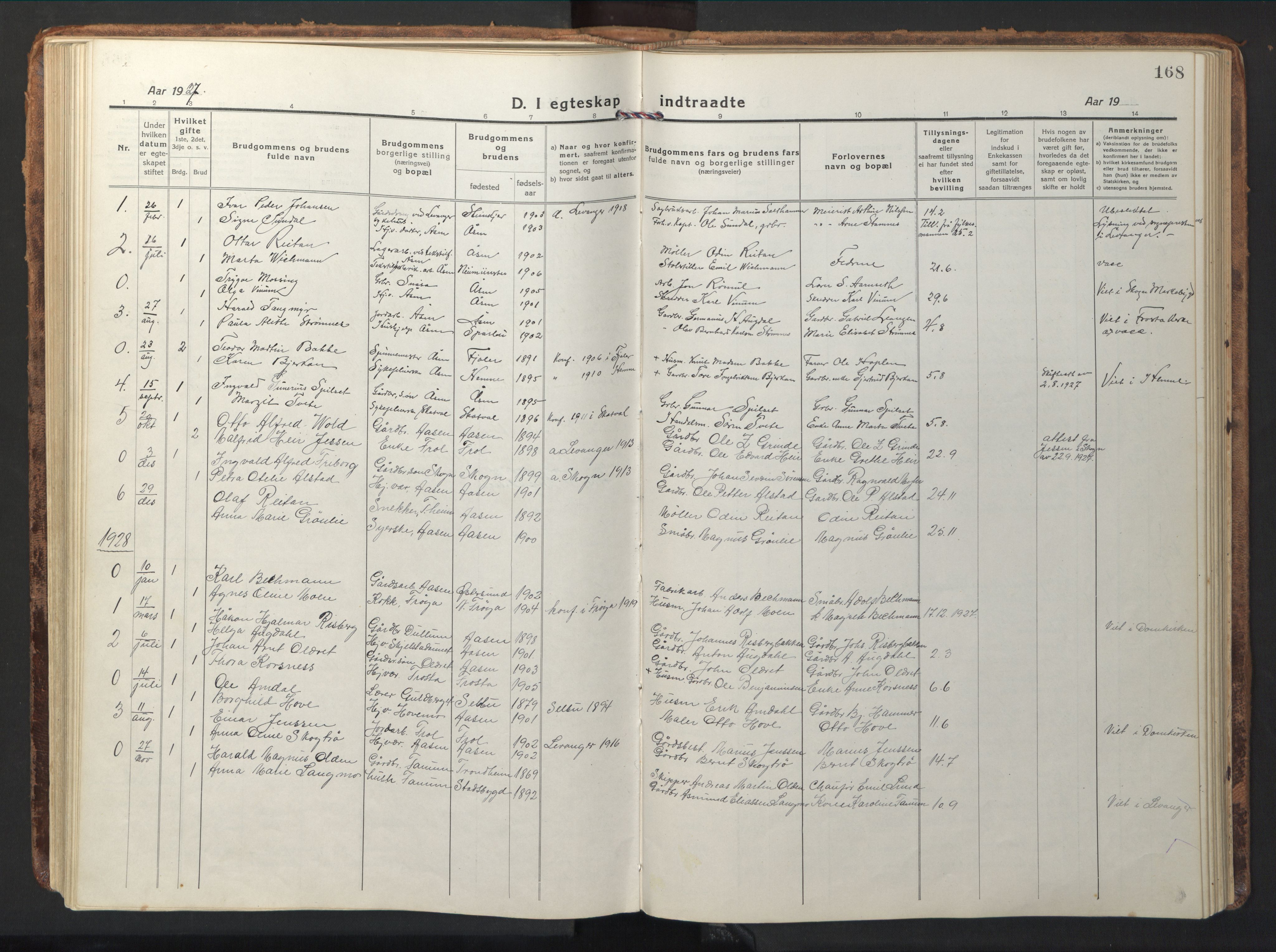 Ministerialprotokoller, klokkerbøker og fødselsregistre - Nord-Trøndelag, SAT/A-1458/714/L0136: Parish register (copy) no. 714C05, 1918-1957, p. 168