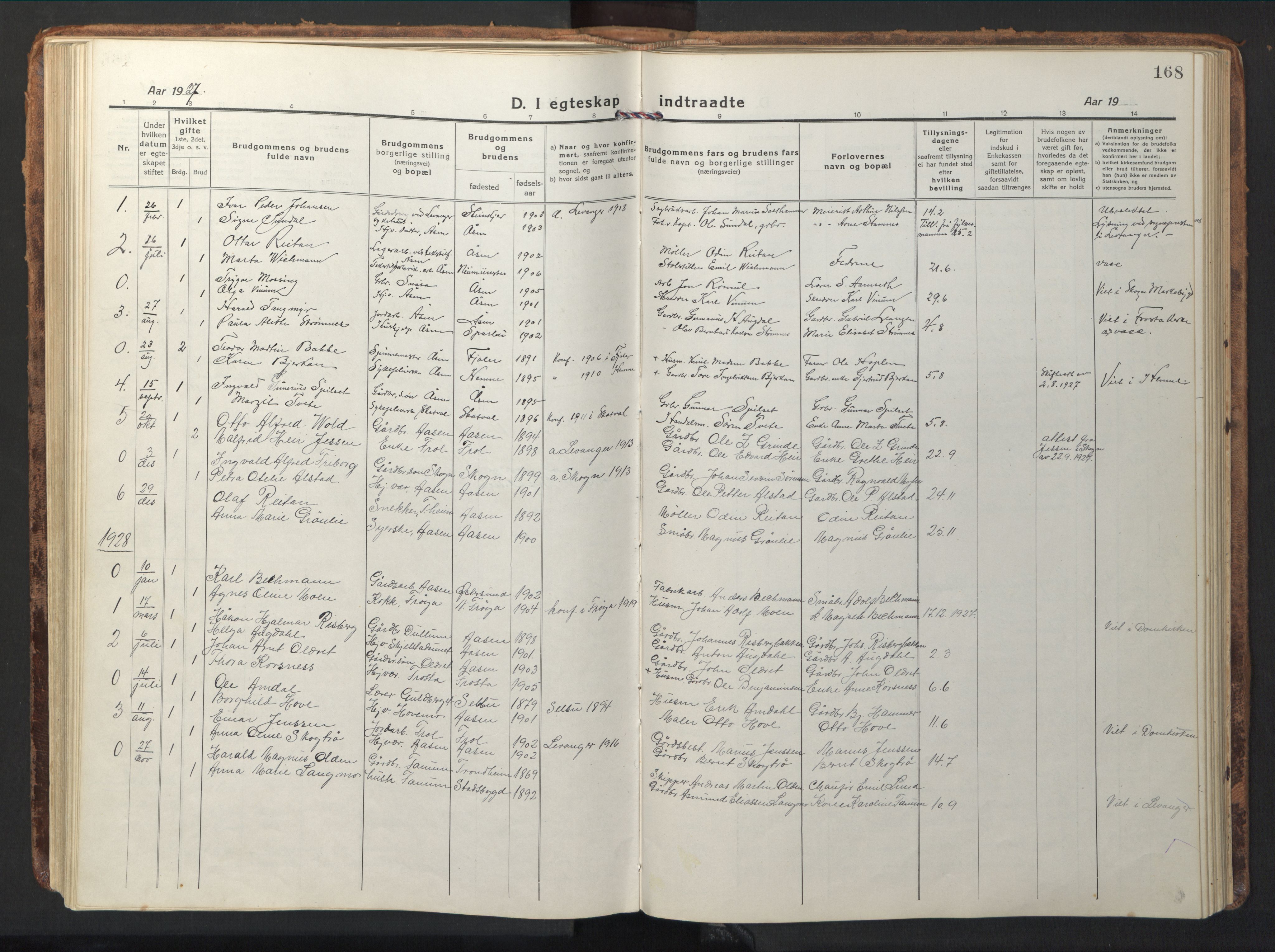 Ministerialprotokoller, klokkerbøker og fødselsregistre - Nord-Trøndelag, AV/SAT-A-1458/714/L0136: Parish register (copy) no. 714C05, 1918-1957, p. 168