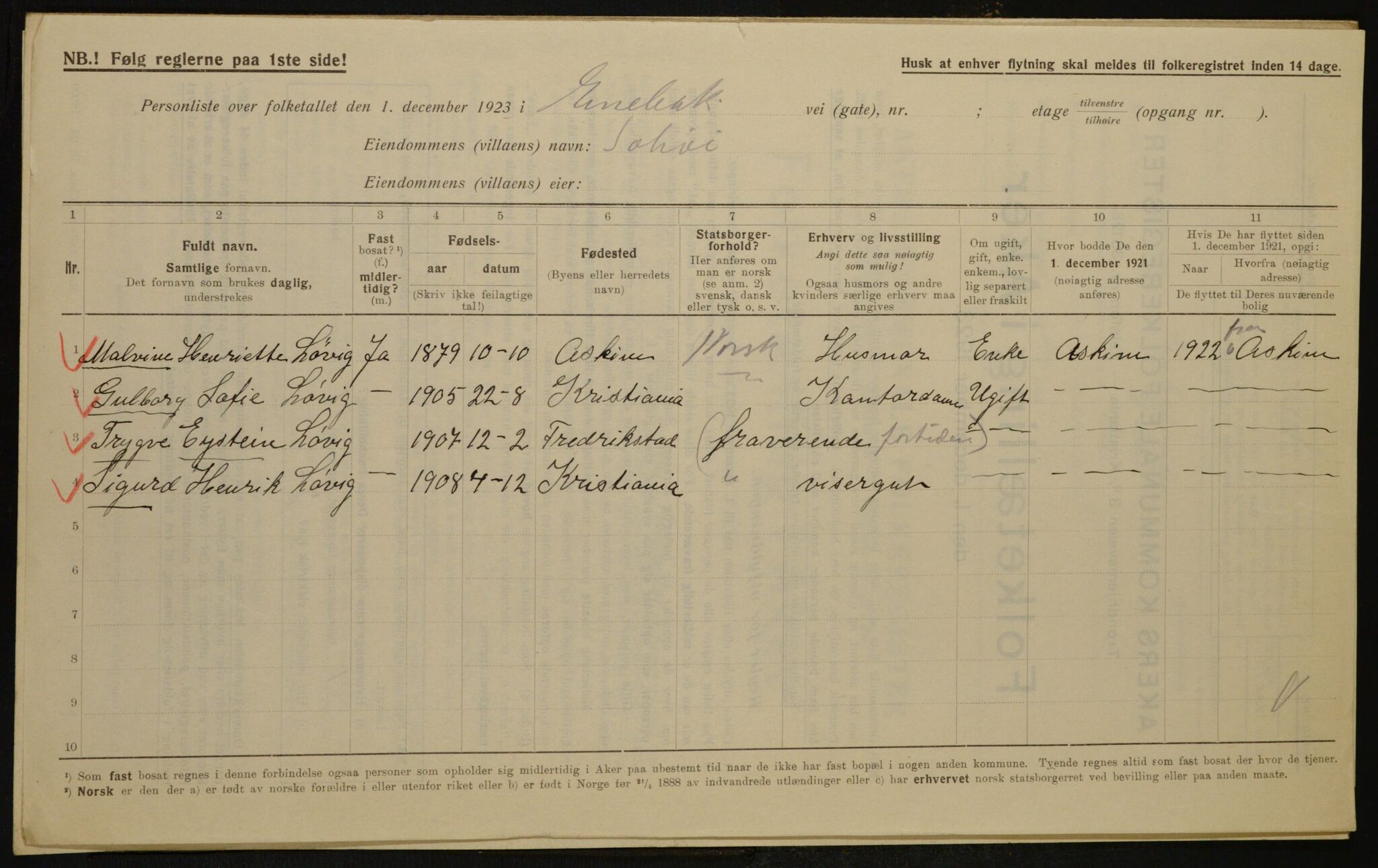 , Municipal Census 1923 for Aker, 1923, p. 23481