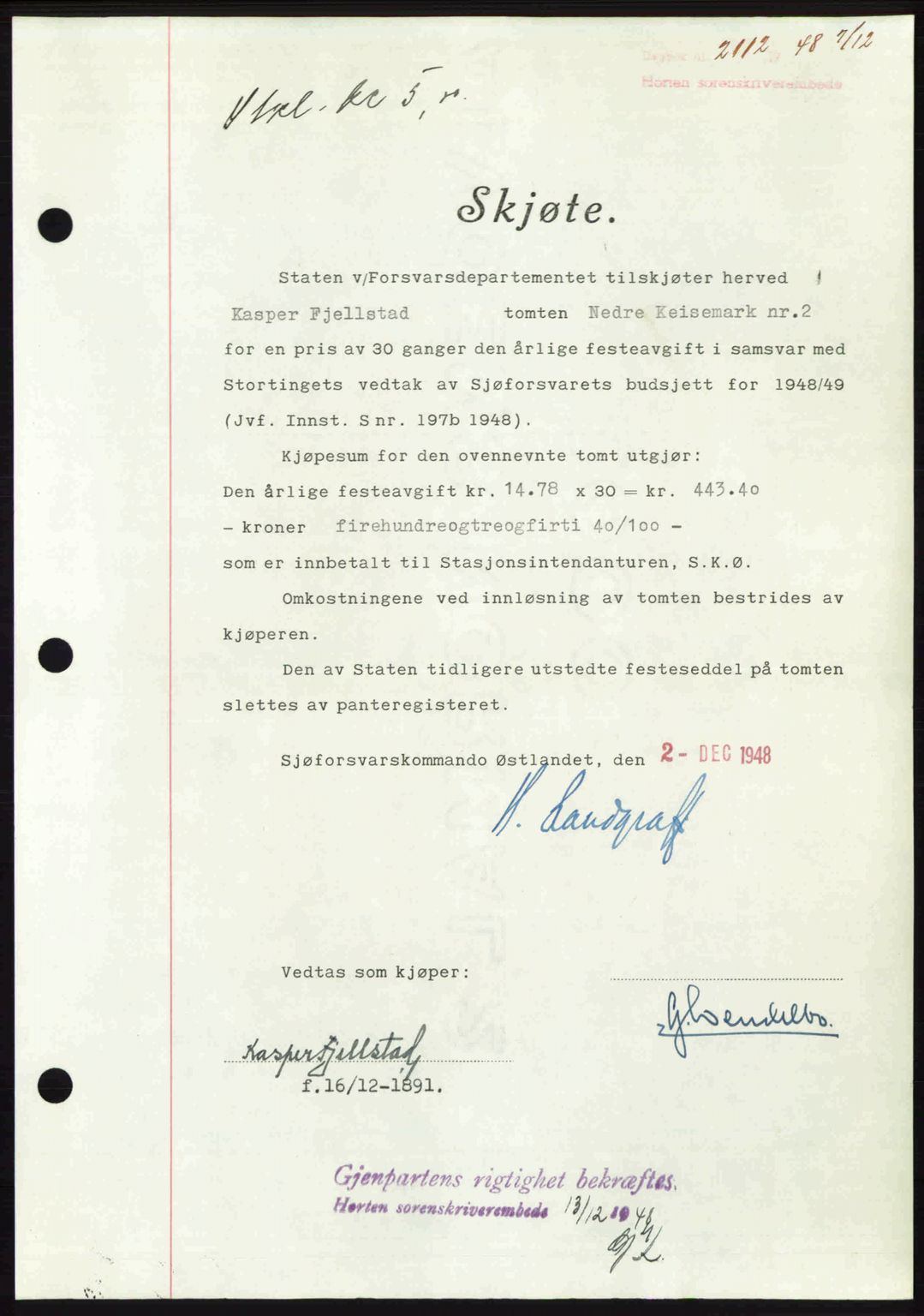 Horten sorenskriveri, AV/SAKO-A-133/G/Ga/Gaa/L0011: Mortgage book no. A-11, 1948-1948, Diary no: : 2112/1948