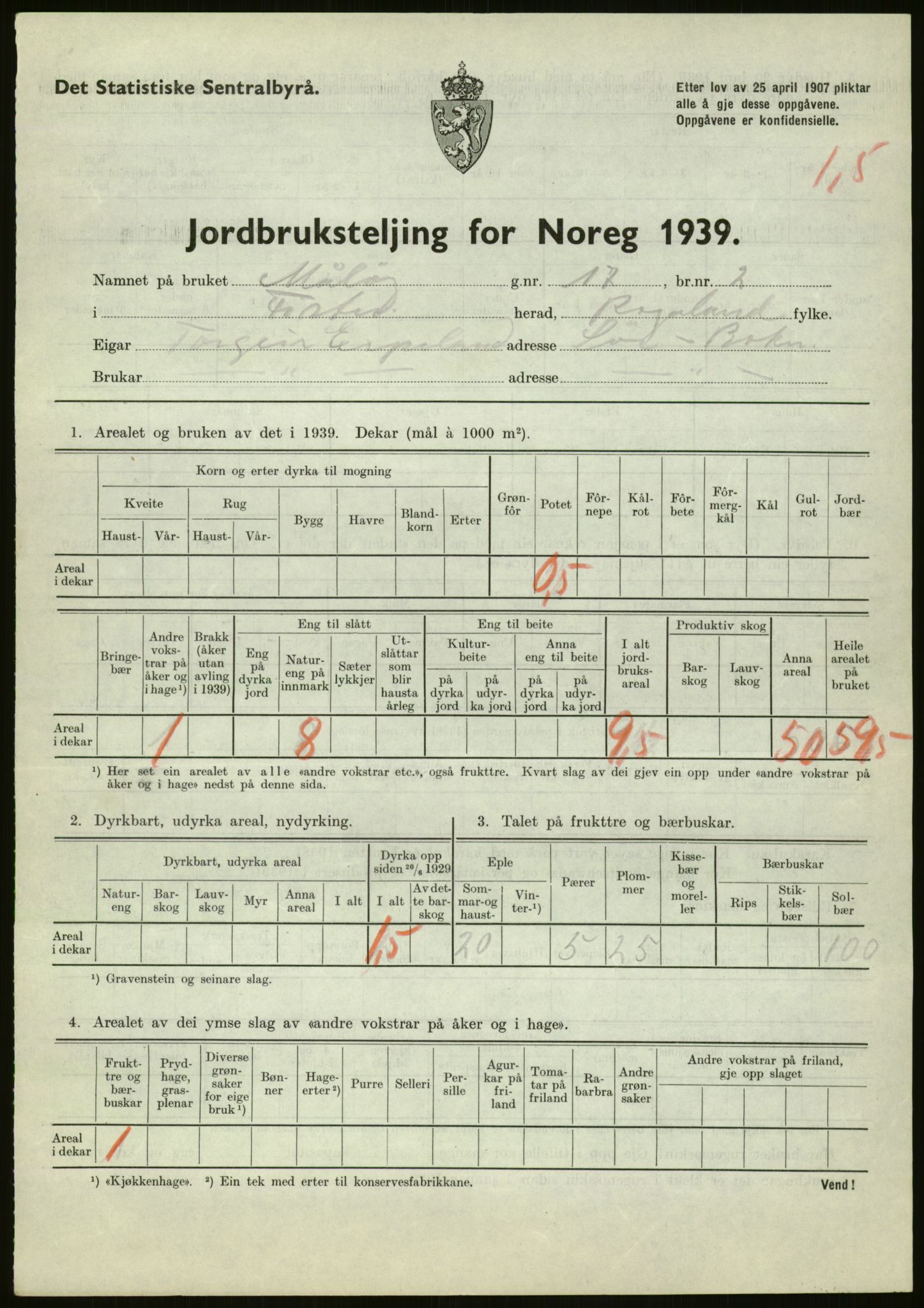 Statistisk sentralbyrå, Næringsøkonomiske emner, Jordbruk, skogbruk, jakt, fiske og fangst, AV/RA-S-2234/G/Gb/L0184: Rogaland: Årdal, Fister og Hjelmeland, 1939, p. 133