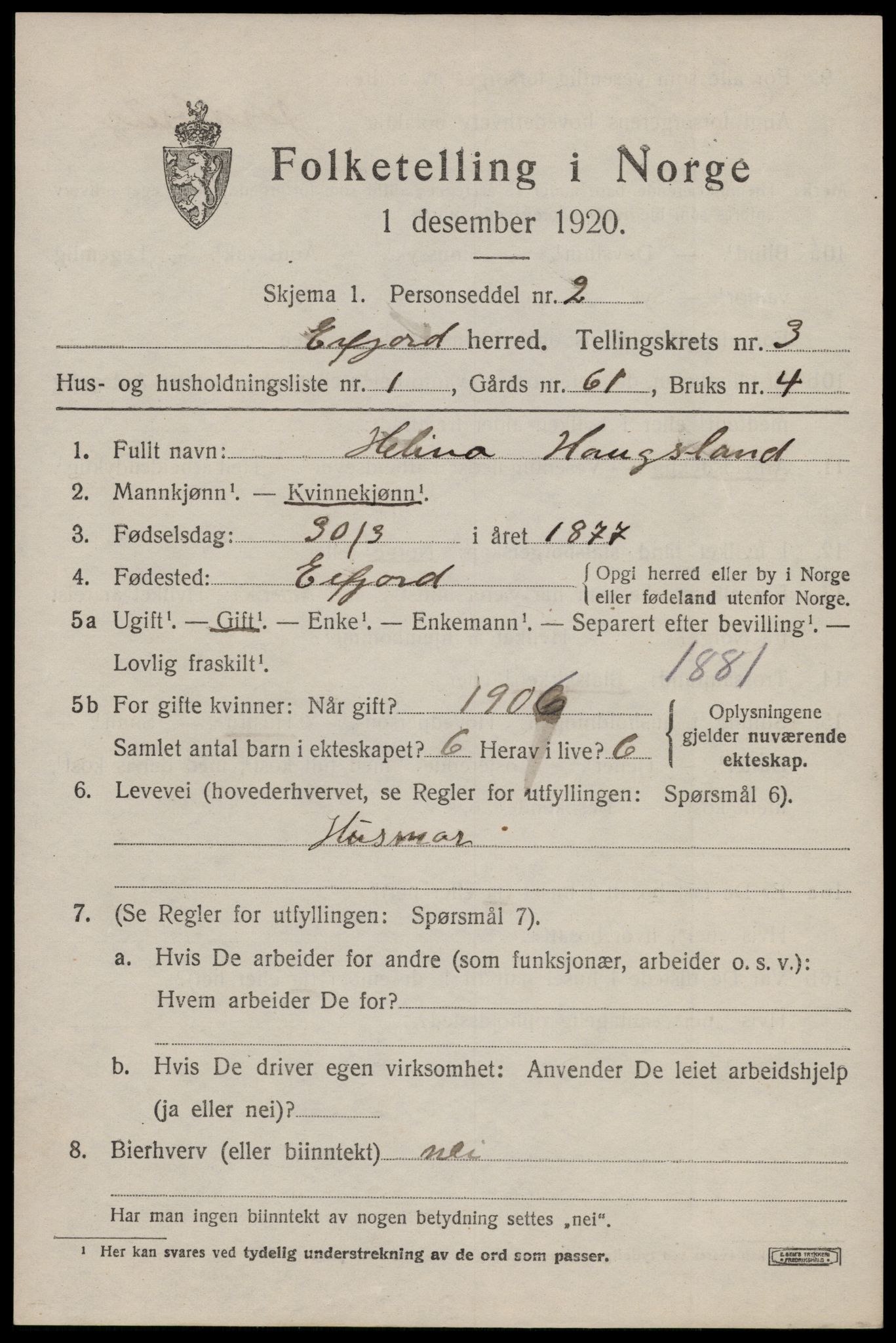 SAST, 1920 census for Erfjord, 1920, p. 957