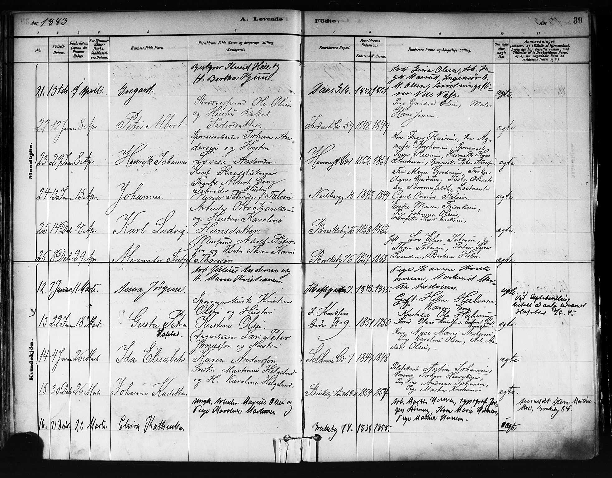 Uranienborg prestekontor Kirkebøker, SAO/A-10877/F/Fa/L0001: Parish register (official) no. 1, 1880-1895, p. 39
