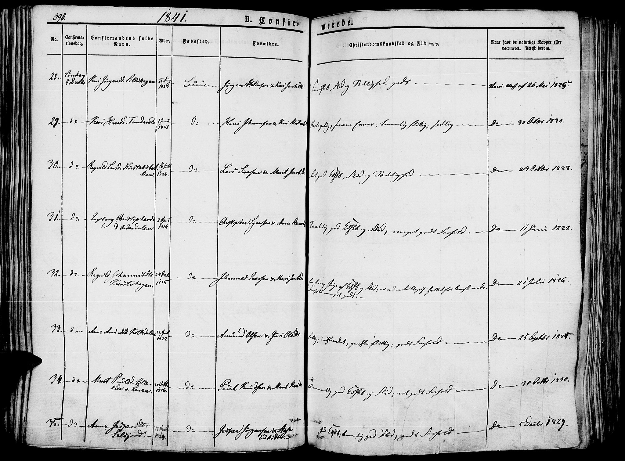Lesja prestekontor, SAH/PREST-068/H/Ha/Haa/L0005: Parish register (official) no. 5, 1830-1842, p. 395