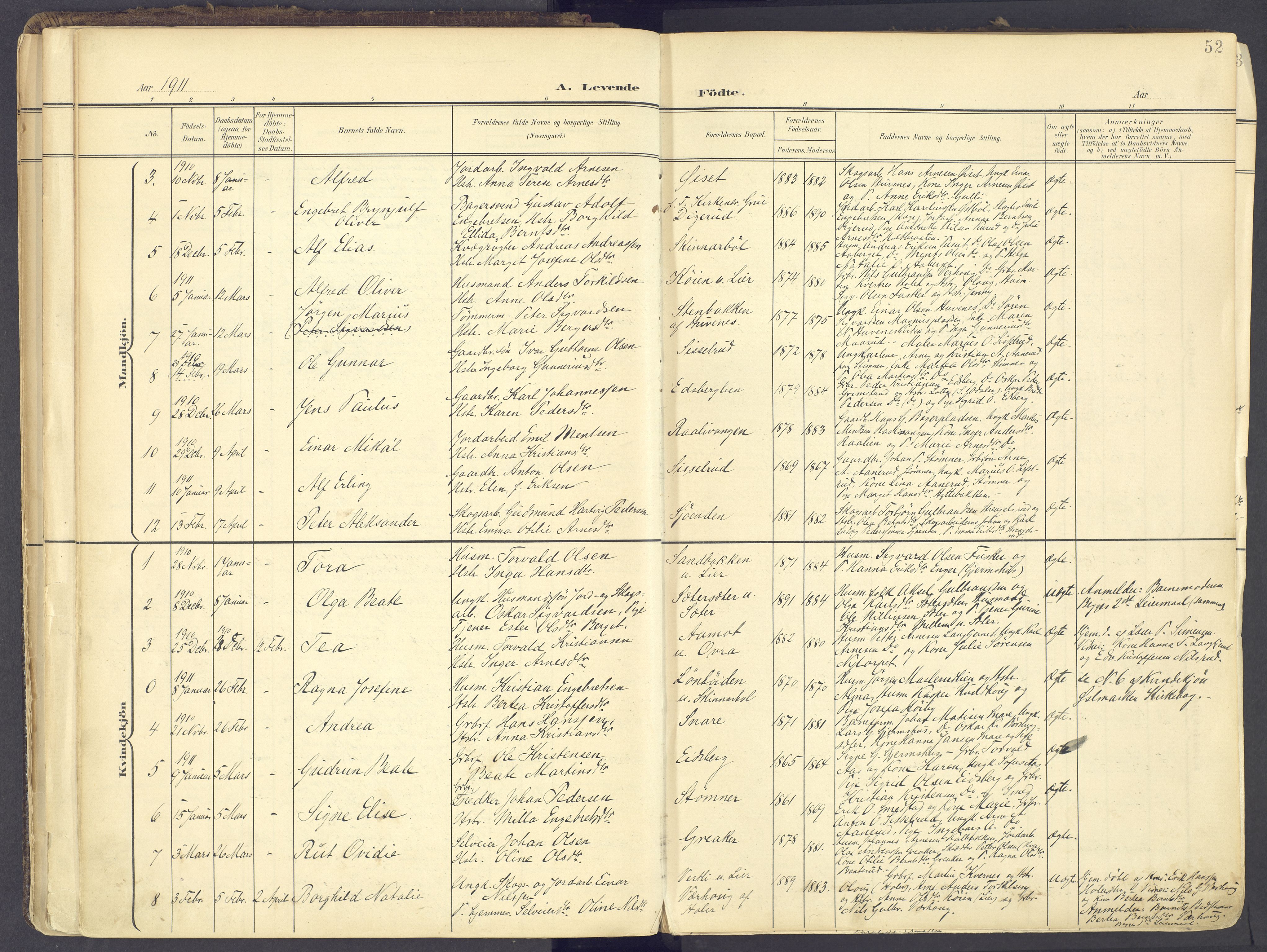 Vinger prestekontor, AV/SAH-PREST-024/H/Ha/Haa/L0017: Parish register (official) no. 17, 1901-1927, p. 52