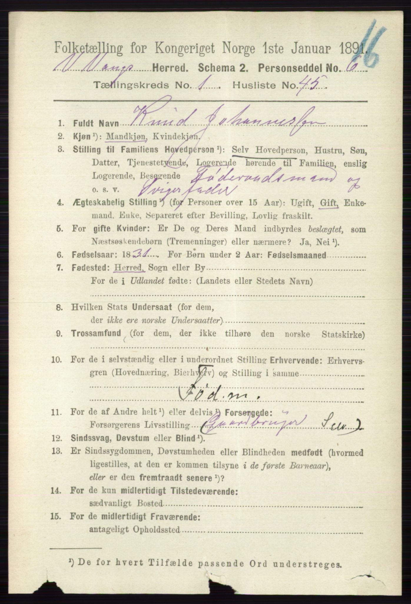 RA, 1891 census for 0545 Vang, 1891, p. 344