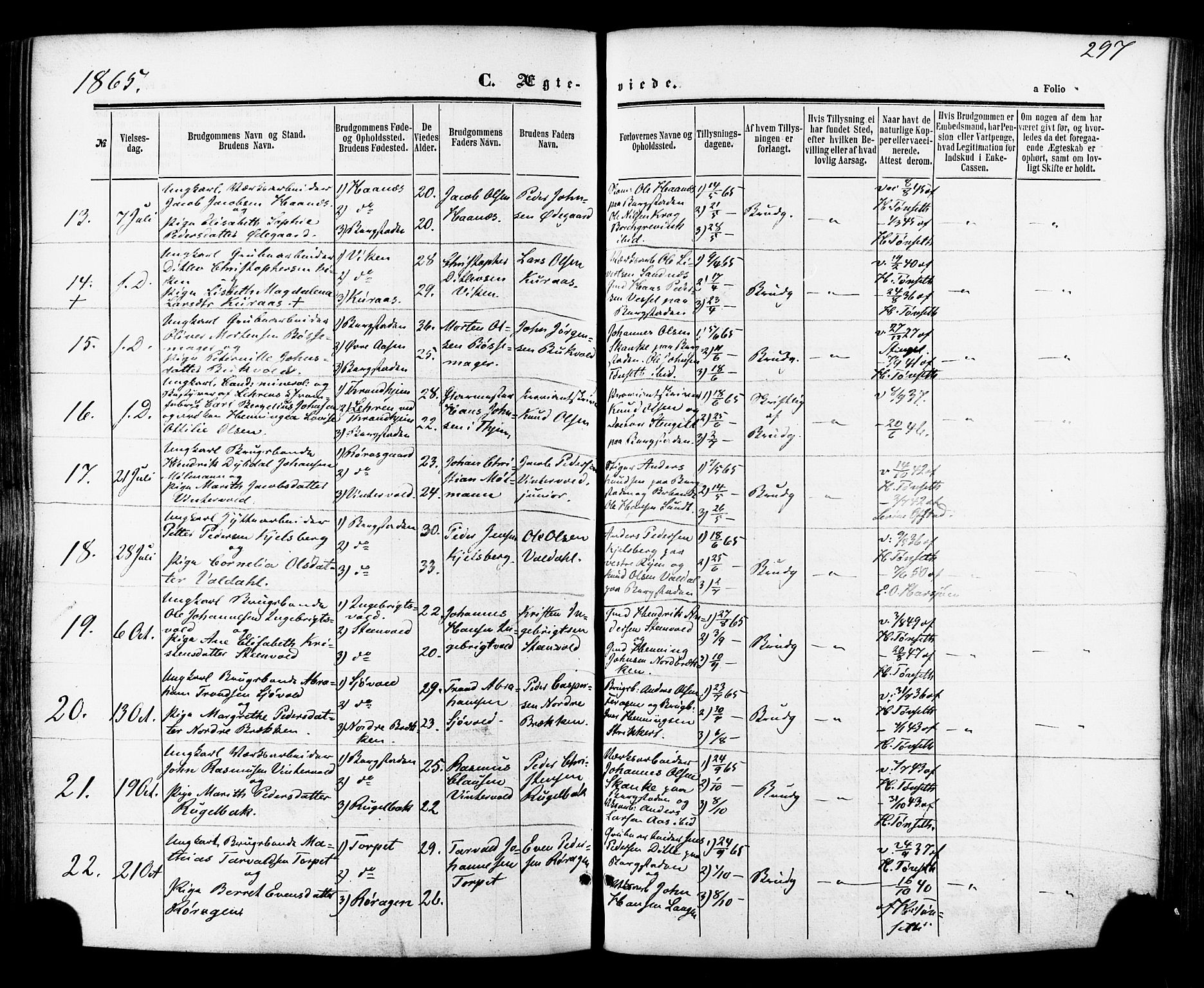 Ministerialprotokoller, klokkerbøker og fødselsregistre - Sør-Trøndelag, SAT/A-1456/681/L0932: Parish register (official) no. 681A10, 1860-1878, p. 297