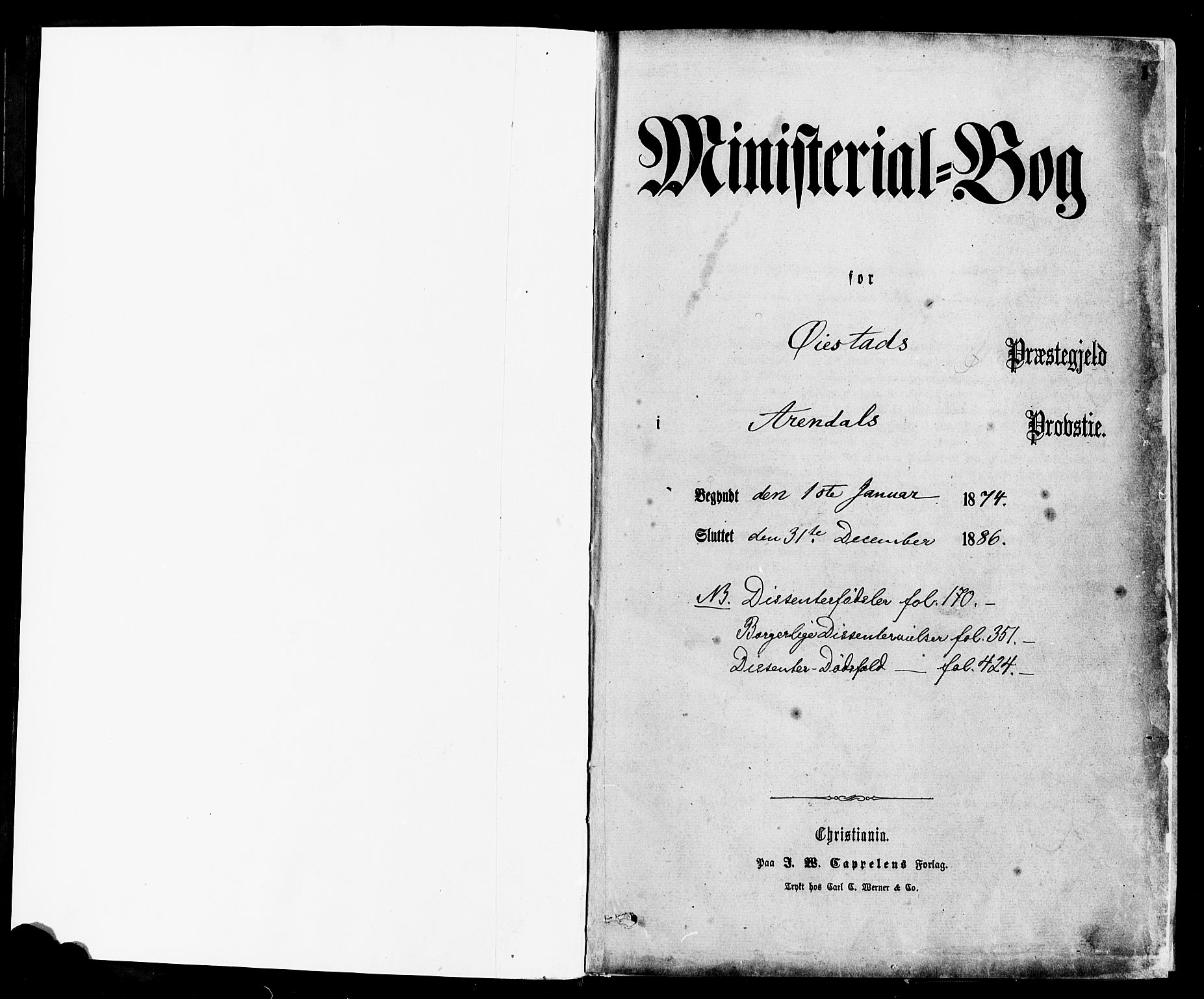 Øyestad sokneprestkontor, SAK/1111-0049/F/Fa/L0016: Parish register (official) no. A 16, 1874-1886, p. 1