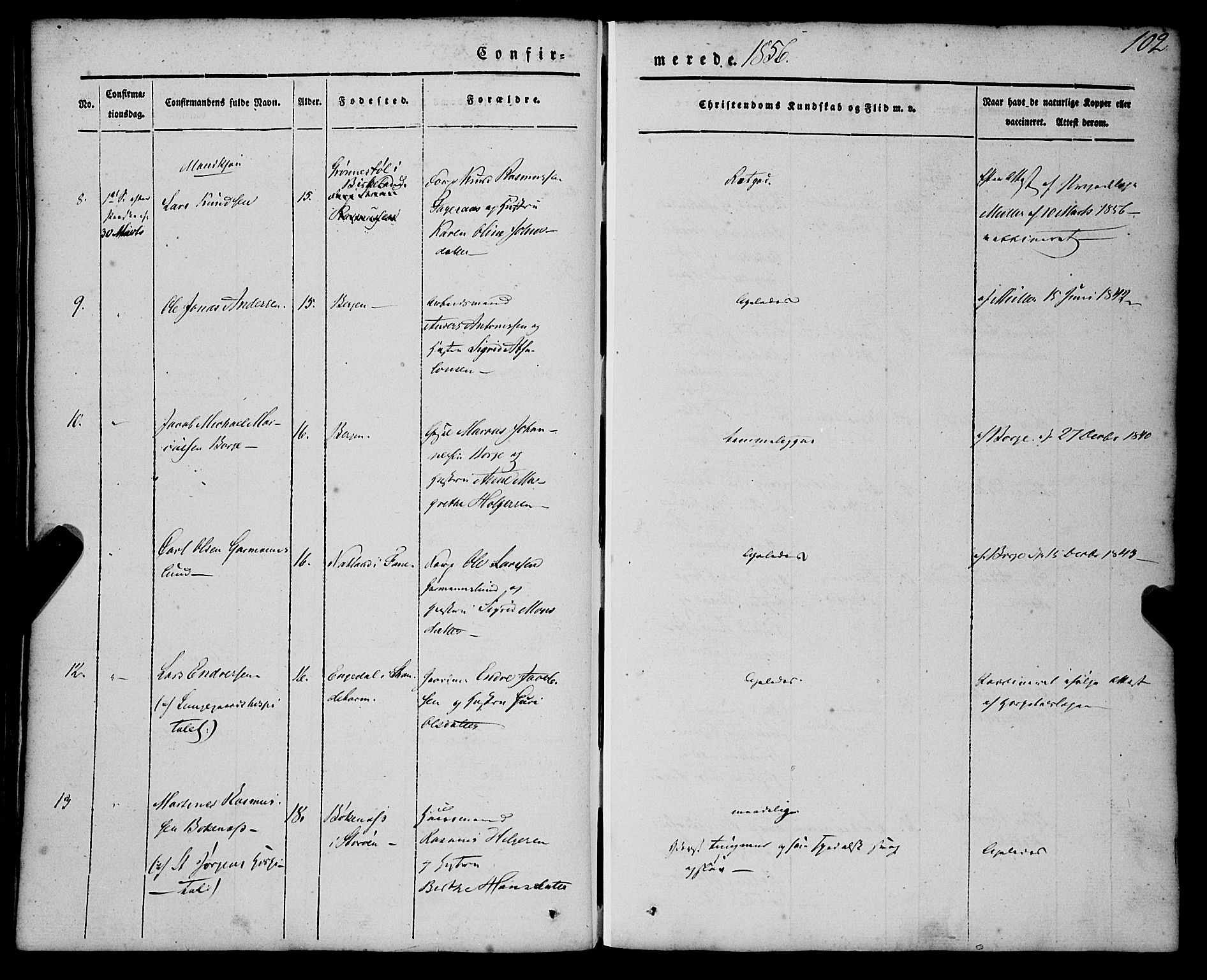 St. Jørgens hospital og Årstad sokneprestembete, AV/SAB-A-99934: Parish register (official) no. A 4, 1844-1863, p. 102