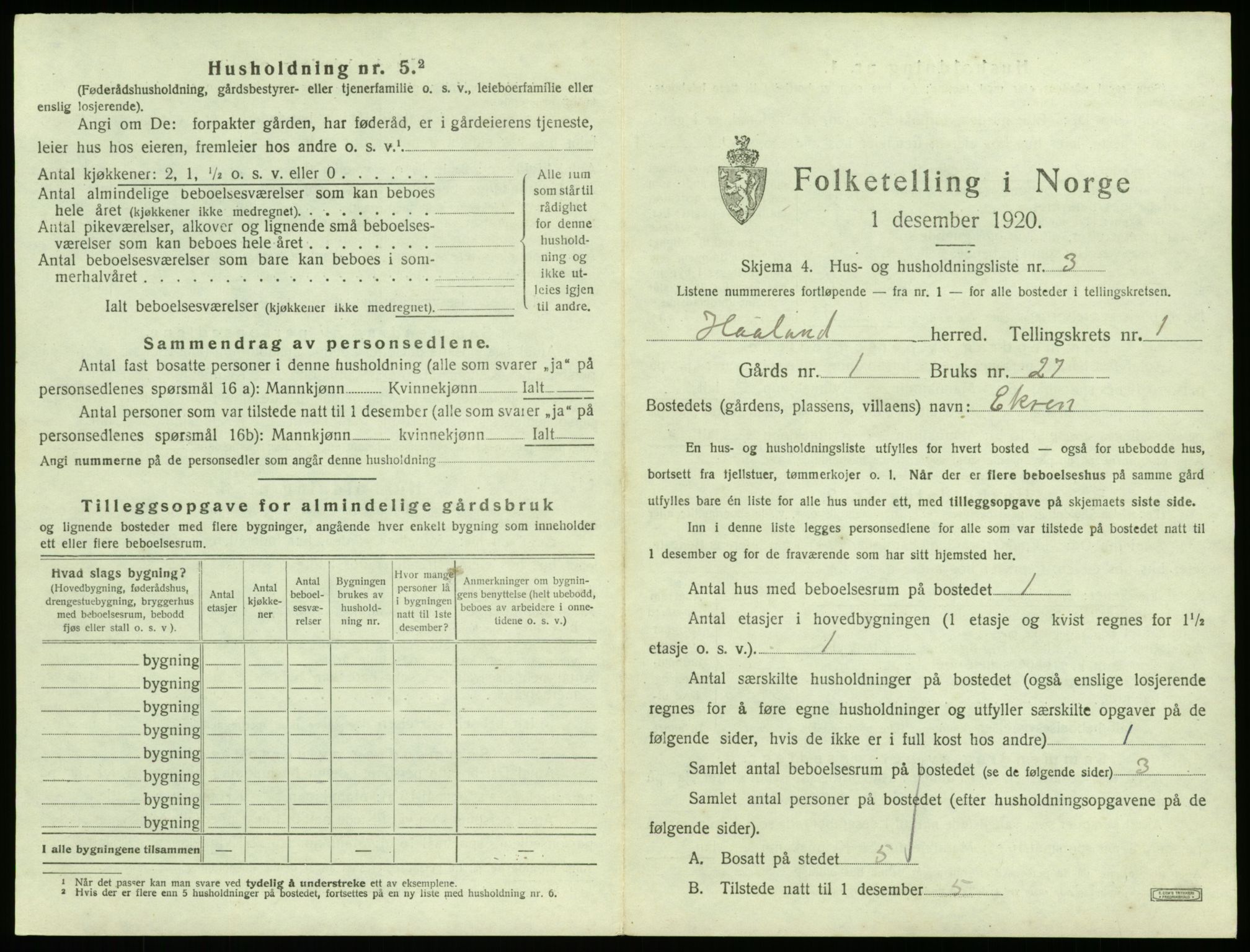 SAST, 1920 census for Håland, 1920, p. 59