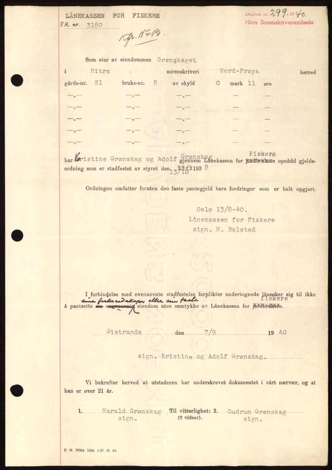 Hitra sorenskriveri, AV/SAT-A-0018/2/2C/2Ca: Mortgage book no. B1, 1939-1949, Diary no: : 299/1940