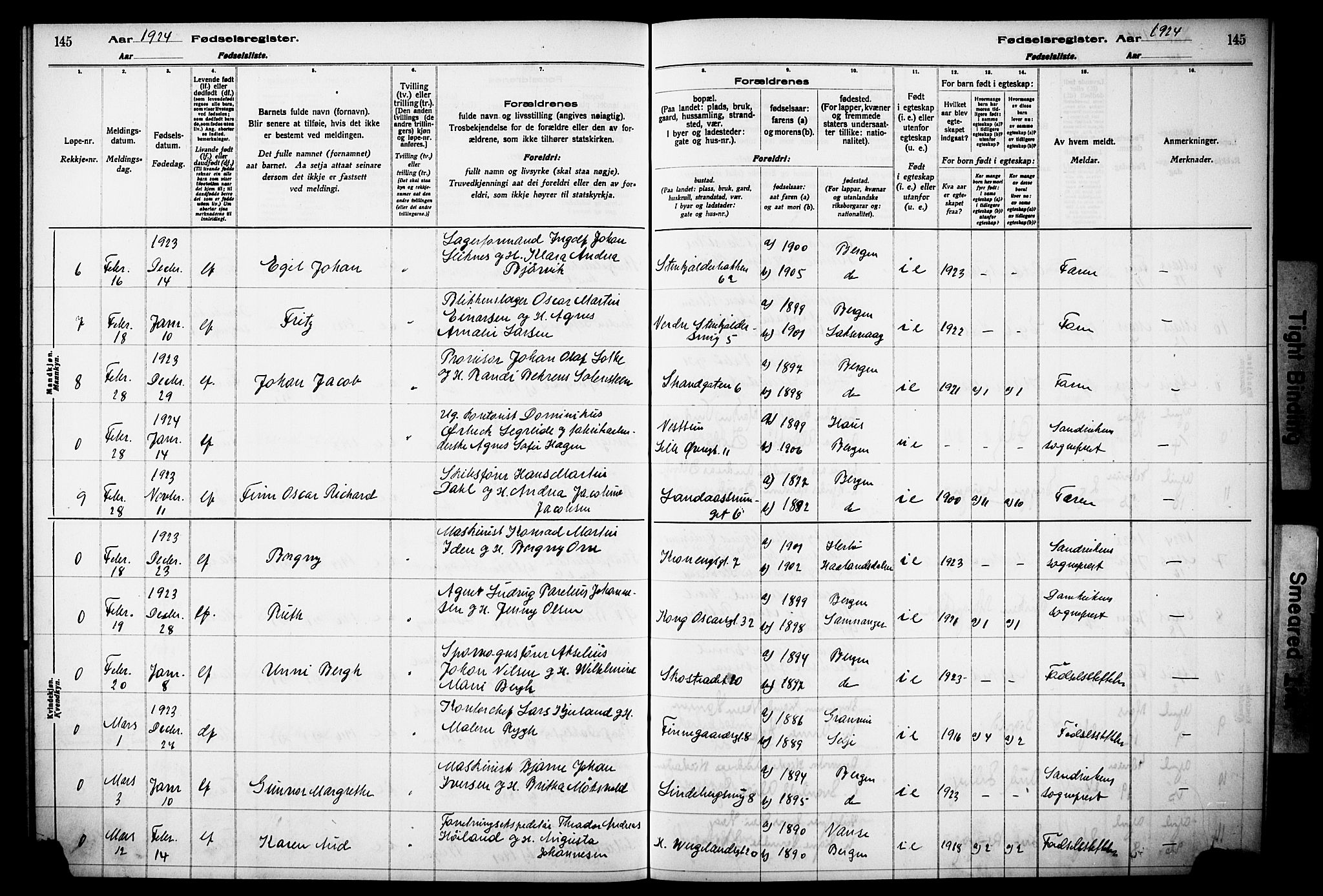 Korskirken sokneprestembete, SAB/A-76101/I/Id/L00A1: Birth register no. A 1, 1916-1929, p. 145