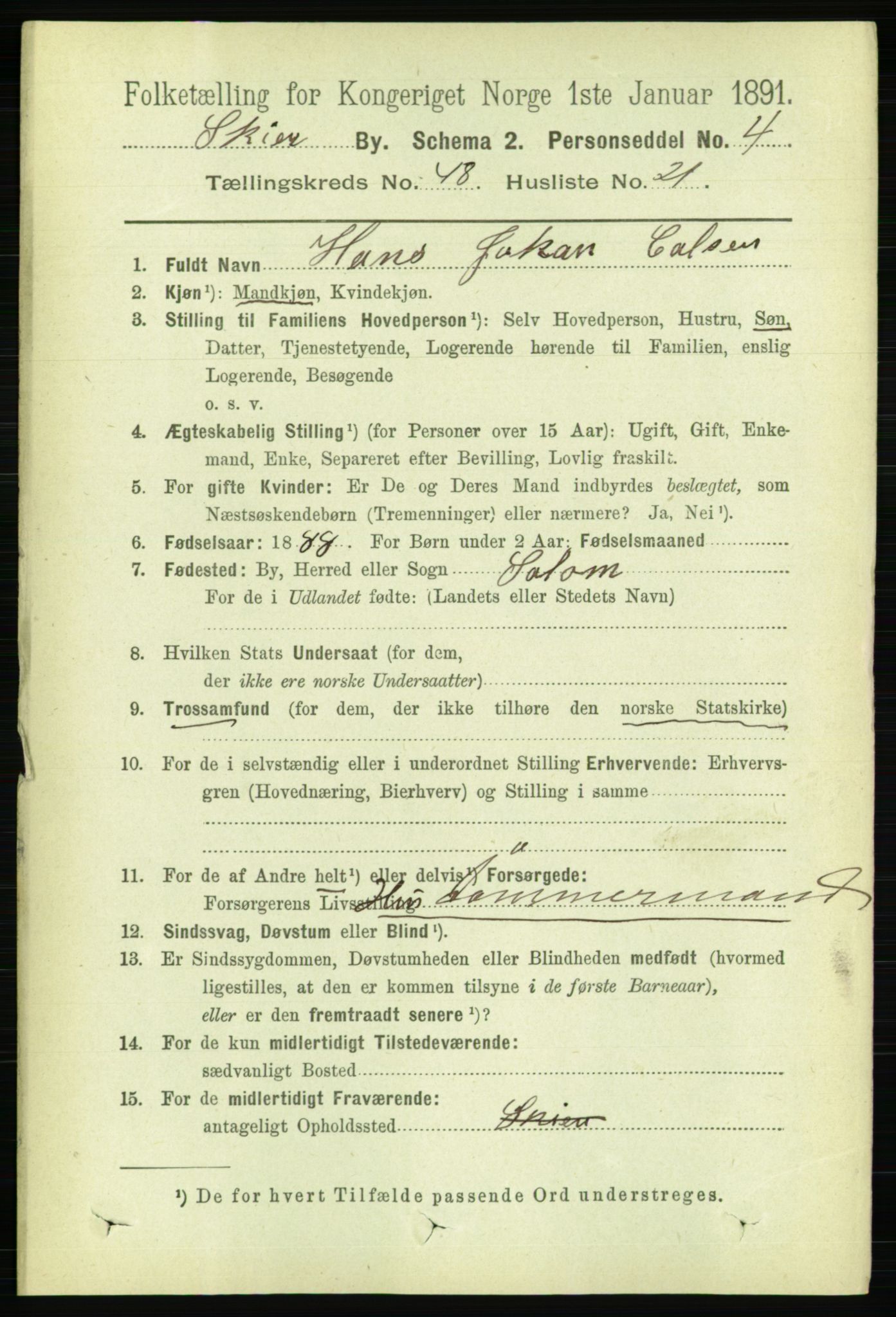 RA, 1891 census for 0806 Skien, 1891, p. 9957