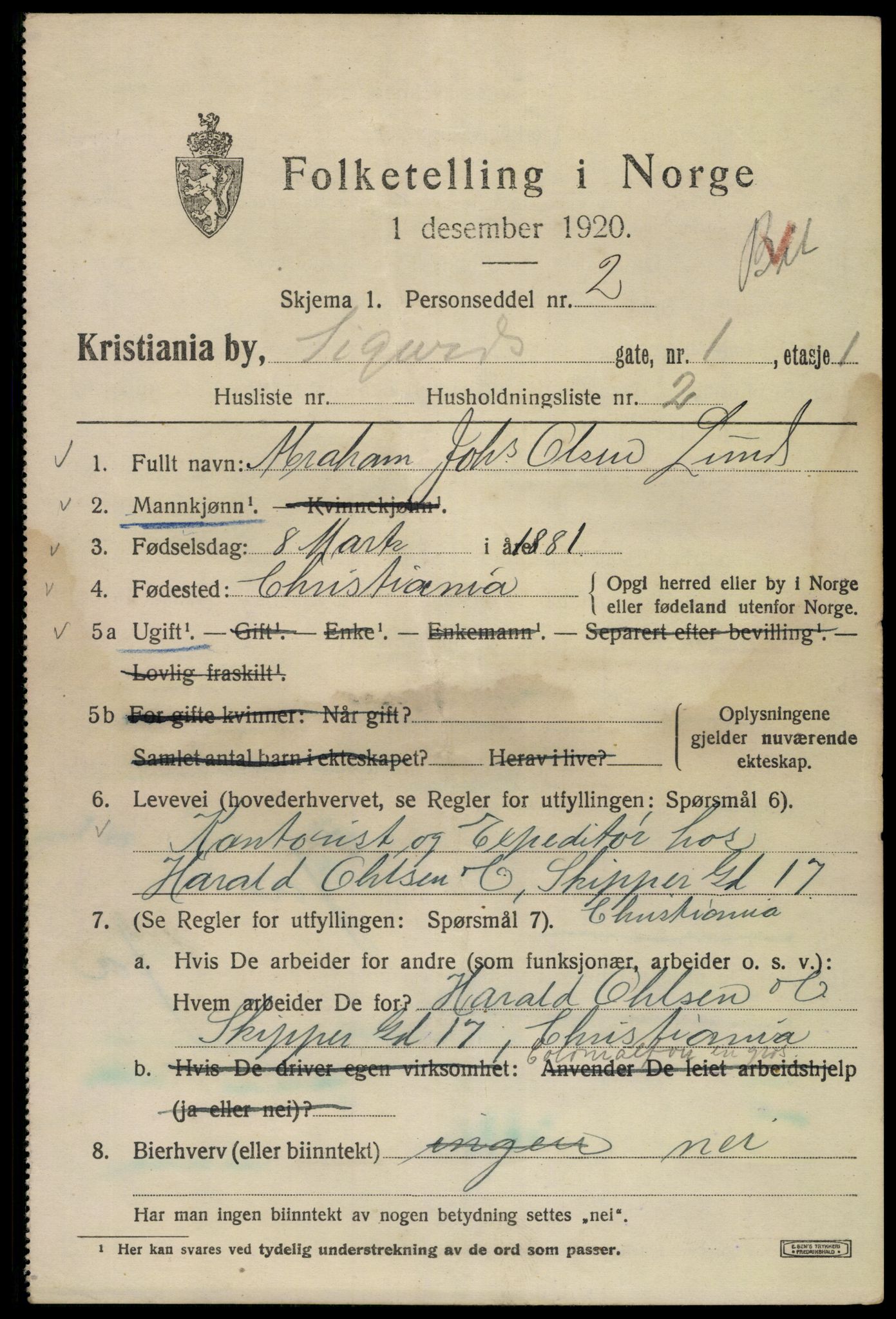 SAO, 1920 census for Kristiania, 1920, p. 510093