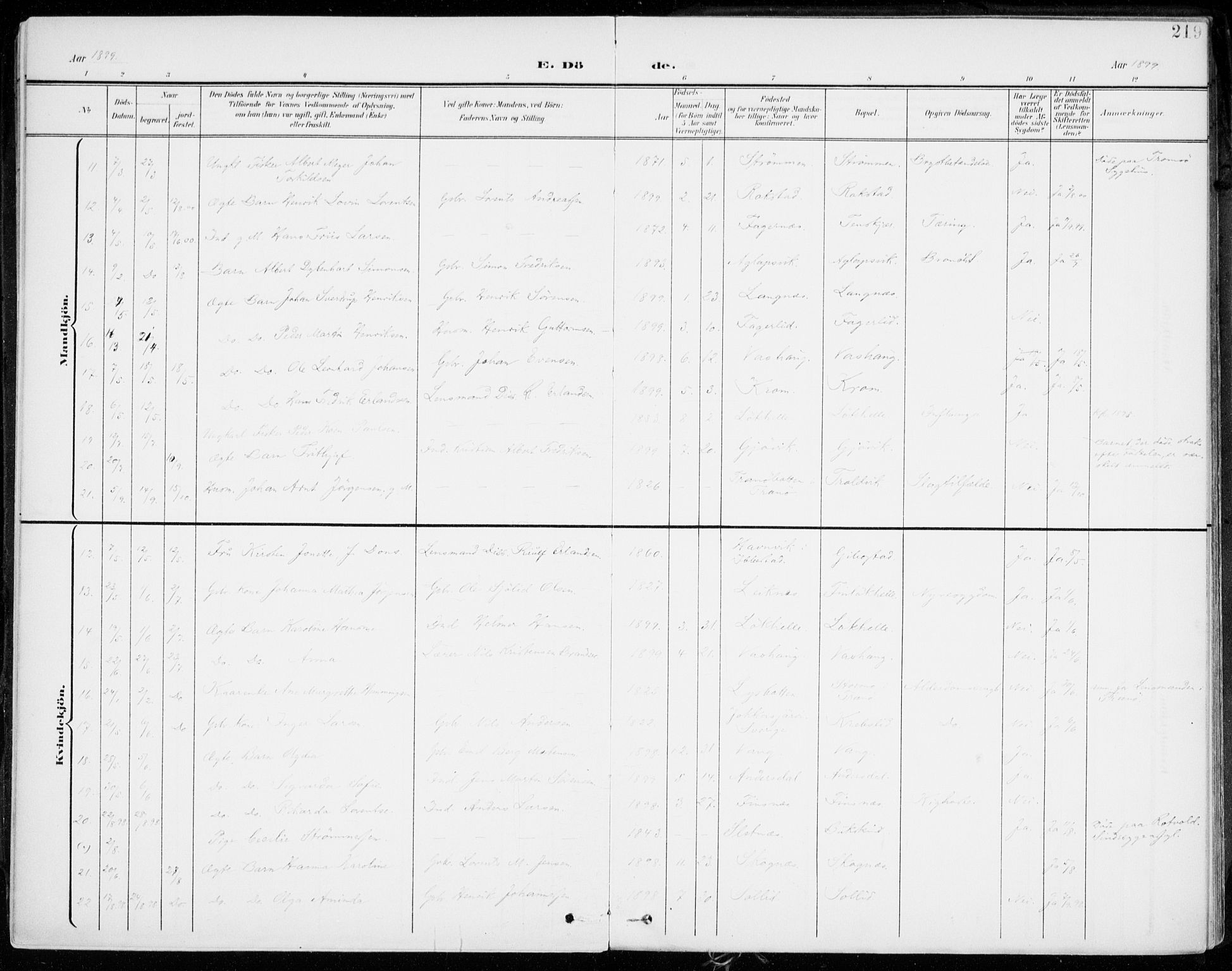 Lenvik sokneprestembete, AV/SATØ-S-1310/H/Ha/Haa/L0014kirke: Parish register (official) no. 14, 1899-1909, p. 219