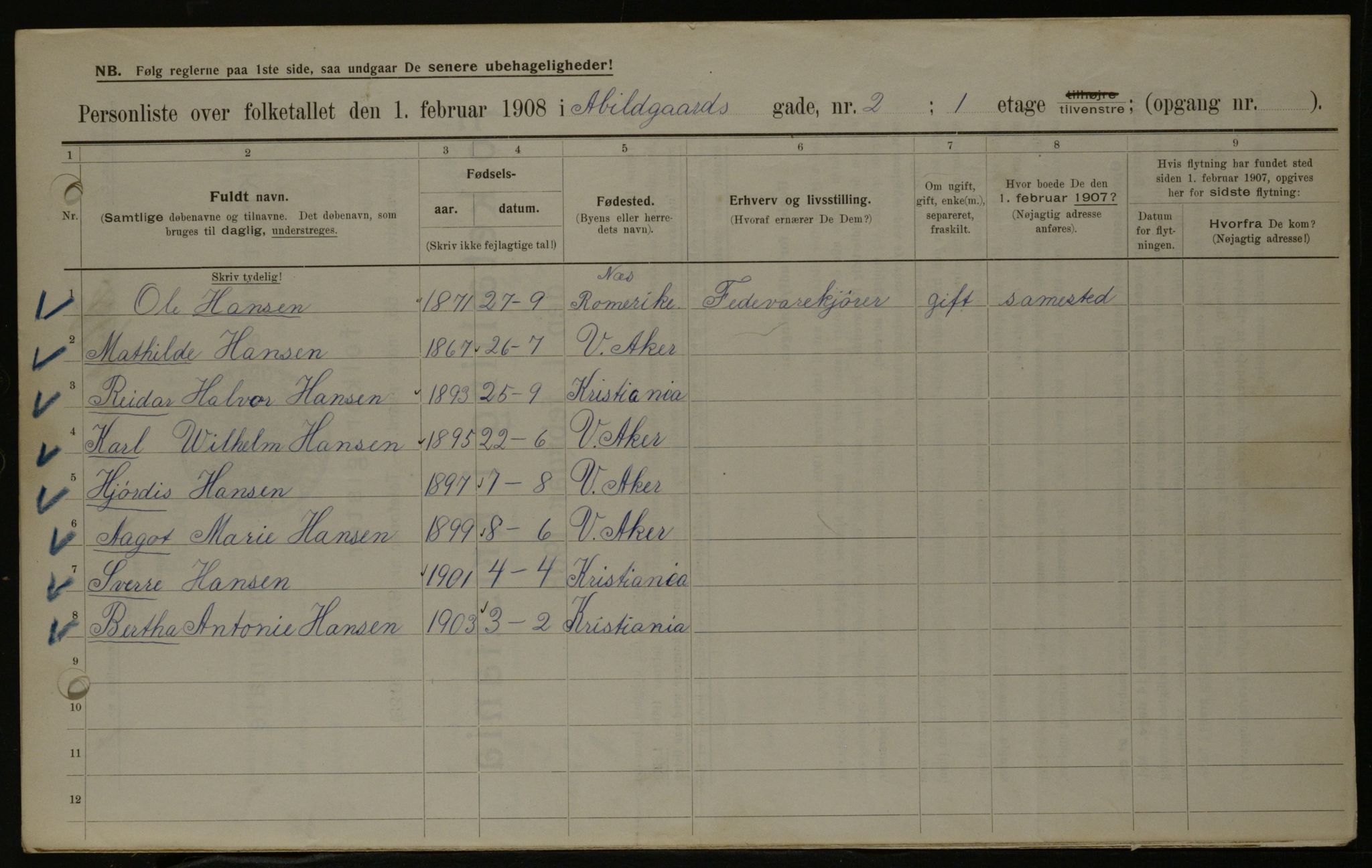 OBA, Municipal Census 1908 for Kristiania, 1908, p. 9