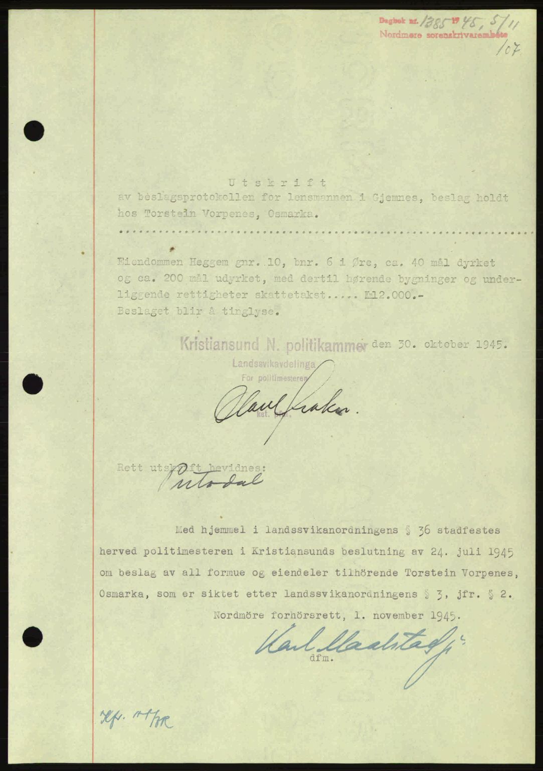 Nordmøre sorenskriveri, AV/SAT-A-4132/1/2/2Ca: Mortgage book no. B93a, 1945-1945, Diary no: : 1385/1945