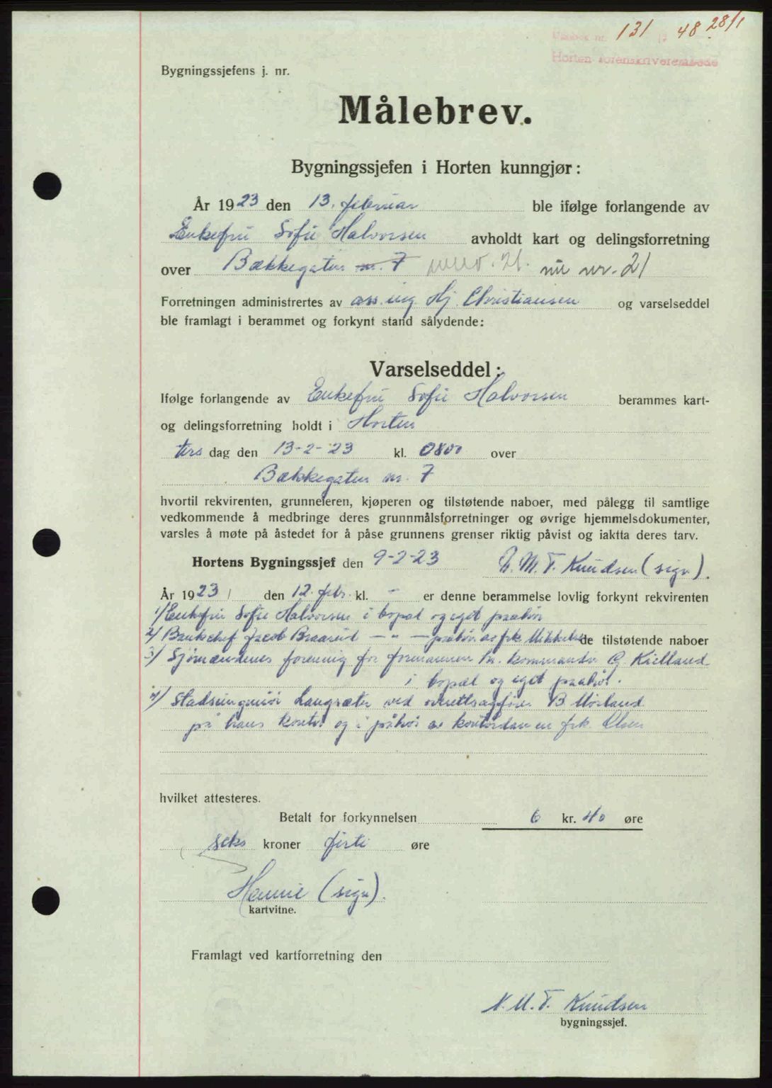 Horten sorenskriveri, AV/SAKO-A-133/G/Ga/Gaa/L0010: Mortgage book no. A-10, 1947-1948, Diary no: : 131/1948