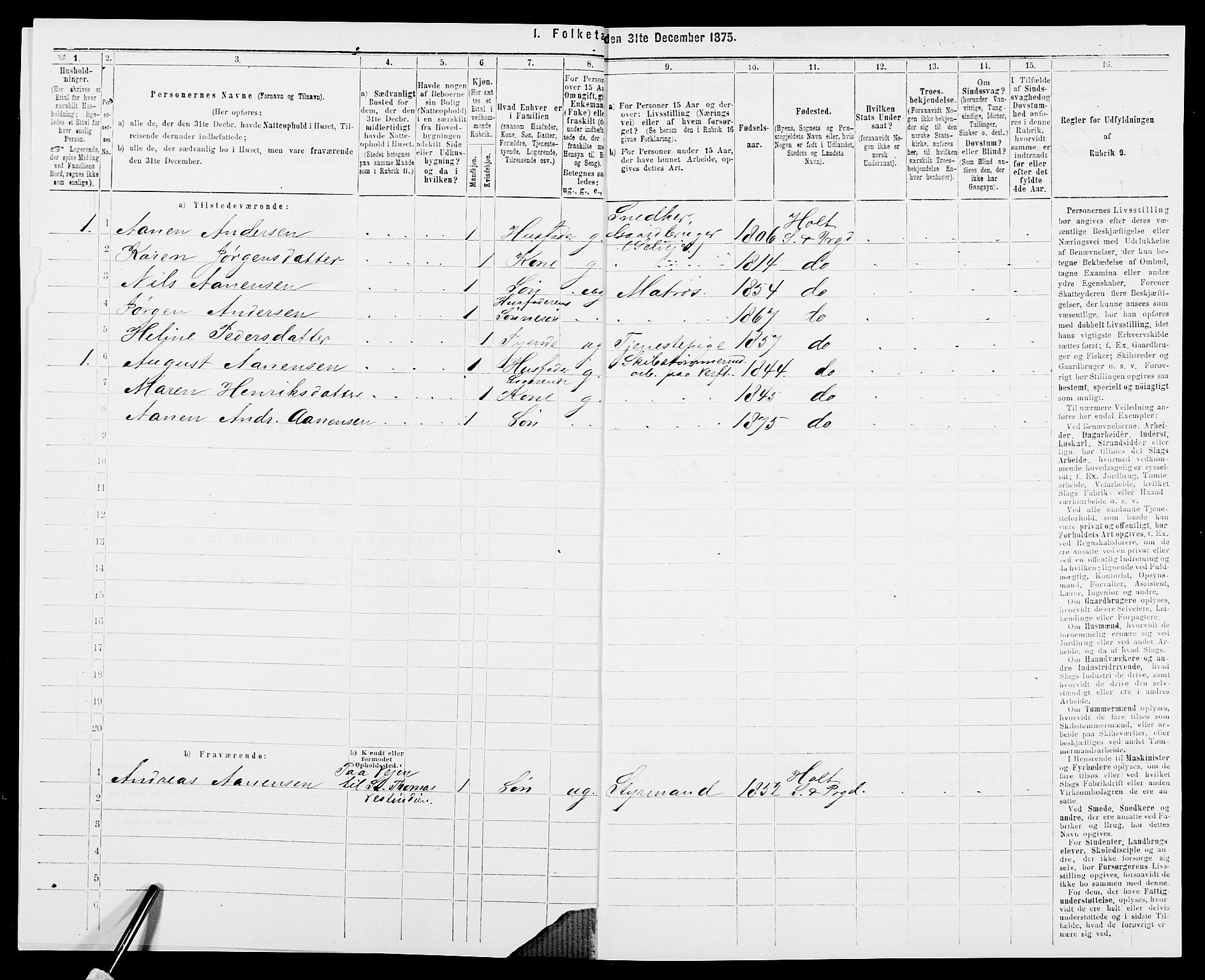 SAK, 1875 census for 0914L Holt/Holt, 1875, p. 1046