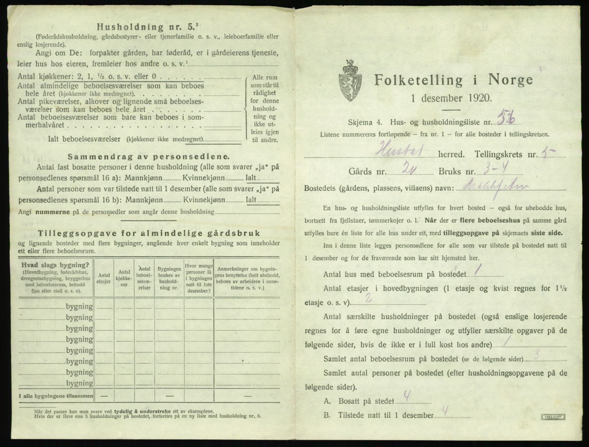 SAT, 1920 census for Hustad, 1920, p. 603