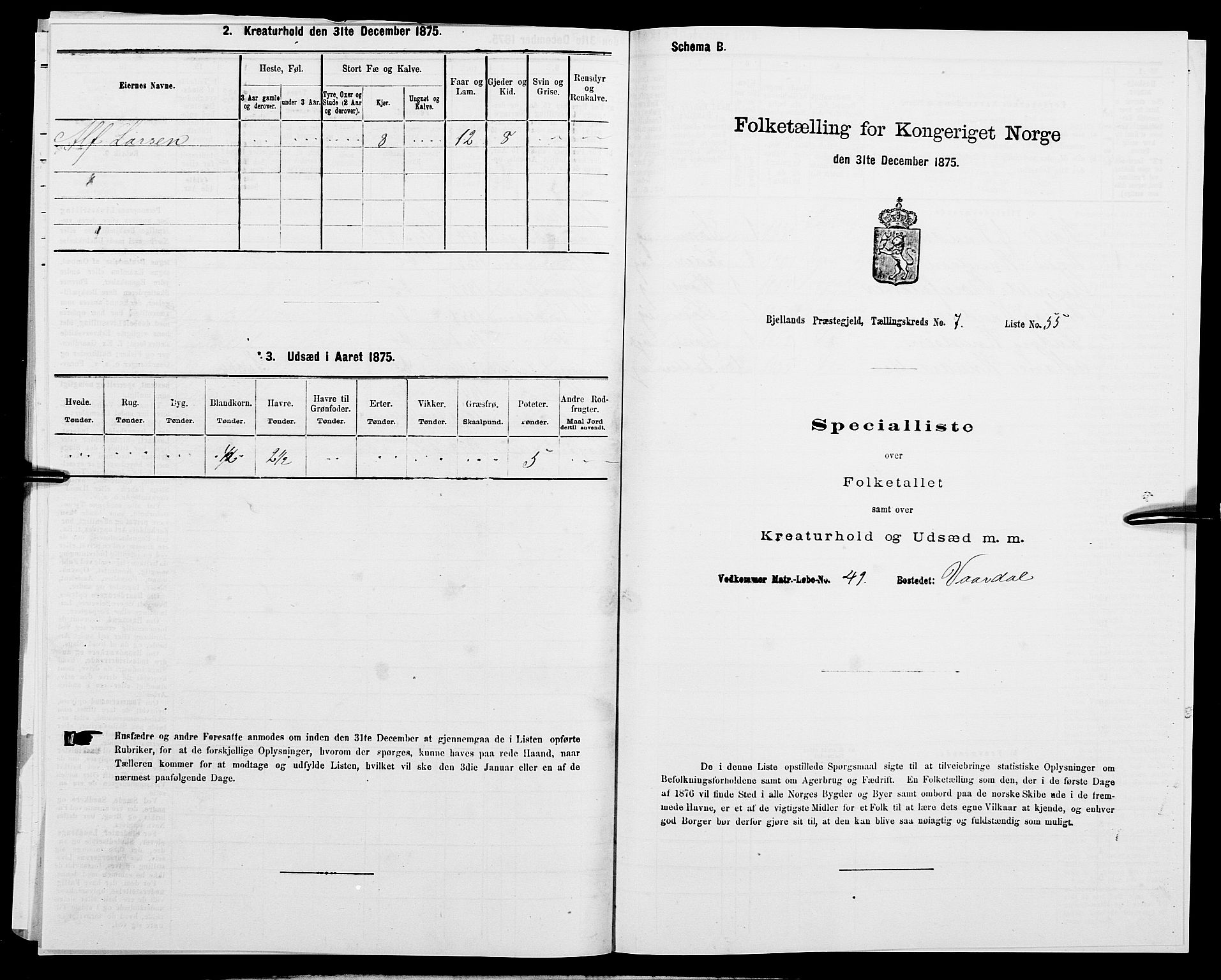 SAK, 1875 census for 1024P Bjelland, 1875, p. 502