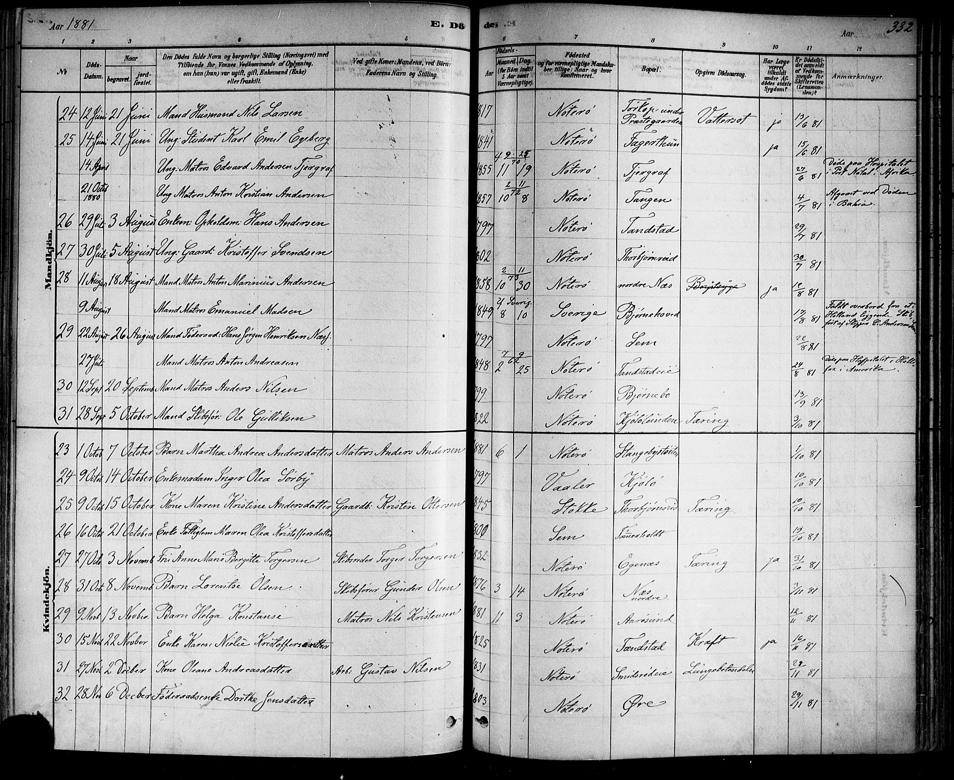 Nøtterøy kirkebøker, AV/SAKO-A-354/F/Fa/L0008: Parish register (official) no. I 8, 1878-1893, p. 332