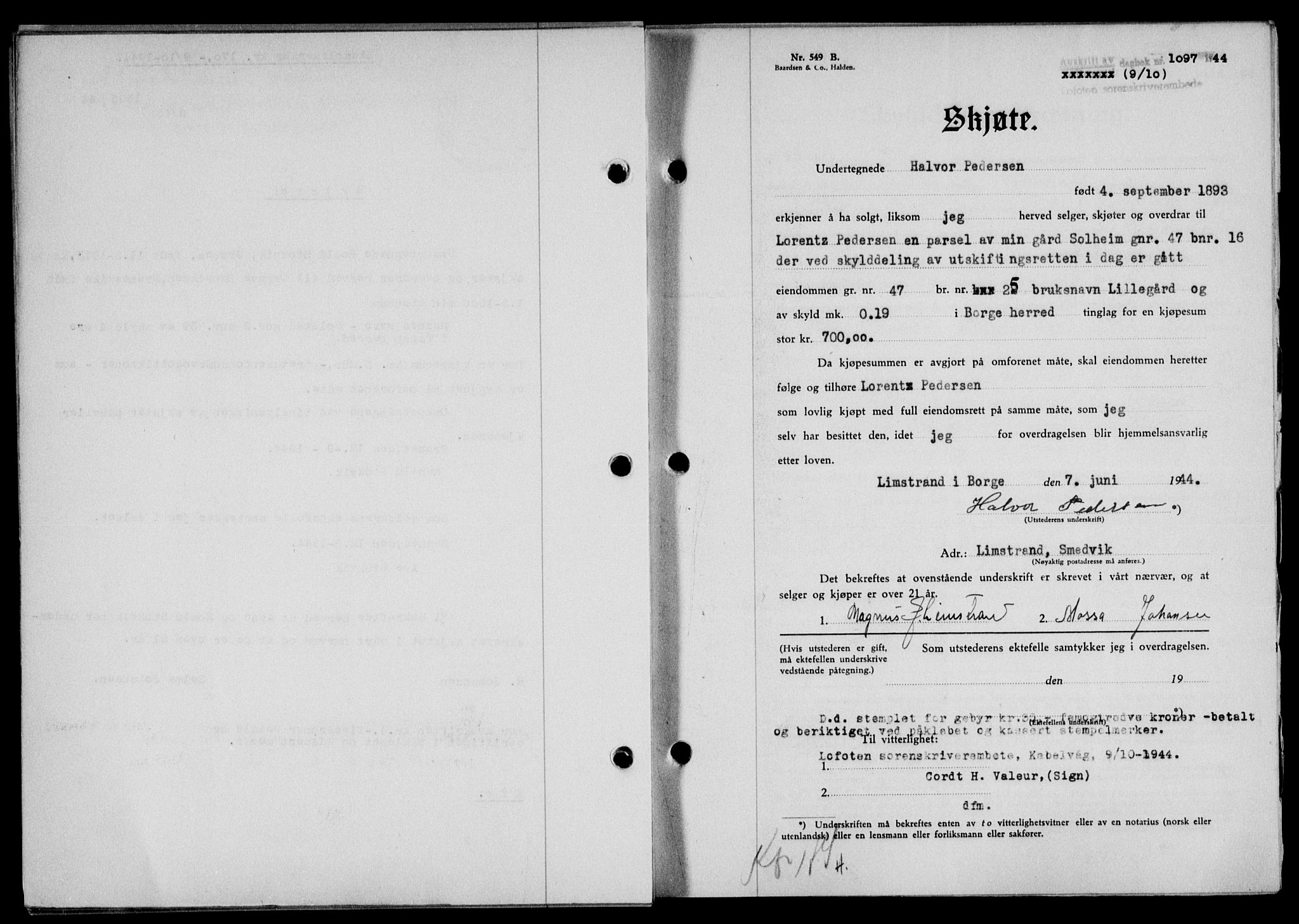 Lofoten sorenskriveri, SAT/A-0017/1/2/2C/L0012a: Mortgage book no. 12a, 1943-1944, Diary no: : 1097/1944