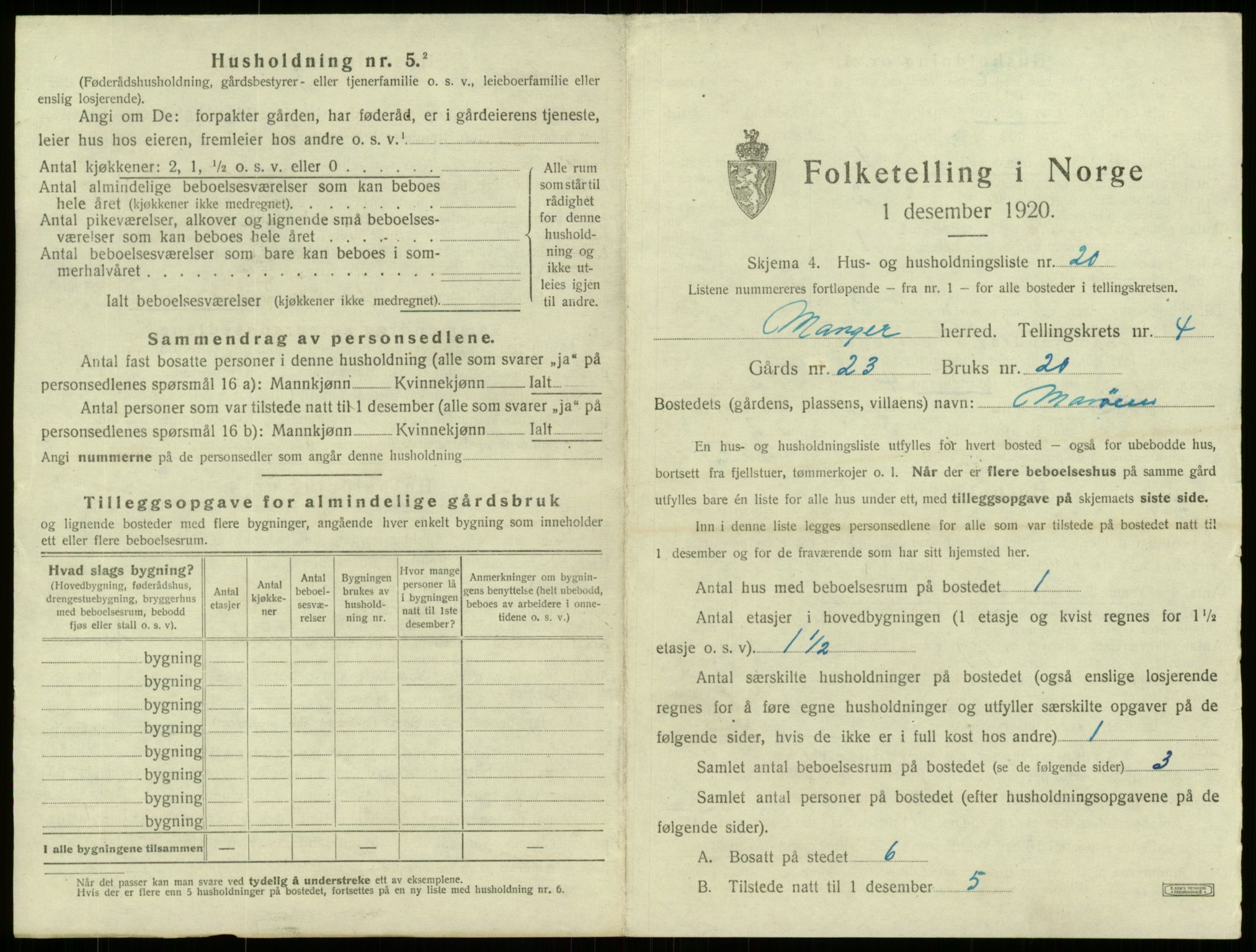 SAB, 1920 census for Manger, 1920, p. 337