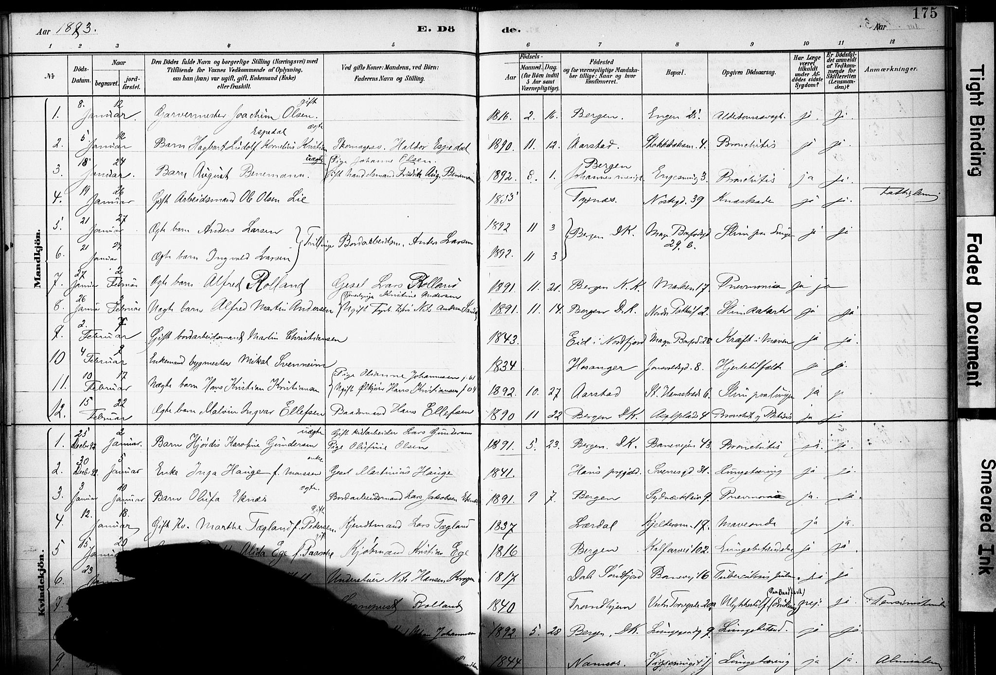 Domkirken sokneprestembete, SAB/A-74801/H/Haa/L0043: Parish register (official) no. E 5, 1882-1904, p. 175