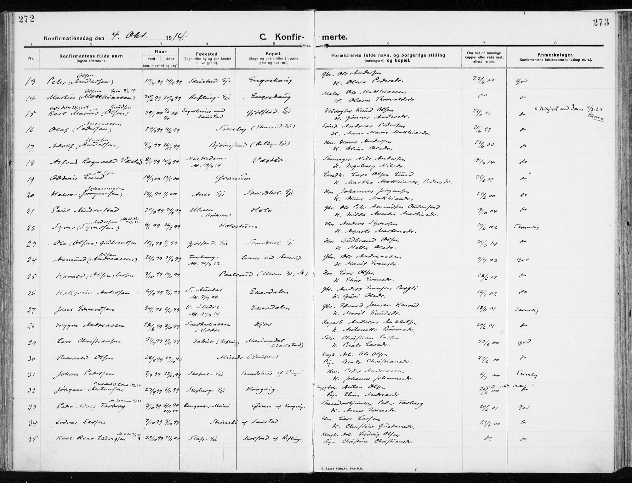 Ringsaker prestekontor, AV/SAH-PREST-014/K/Ka/L0020: Parish register (official) no. 20, 1913-1922, p. 272-273