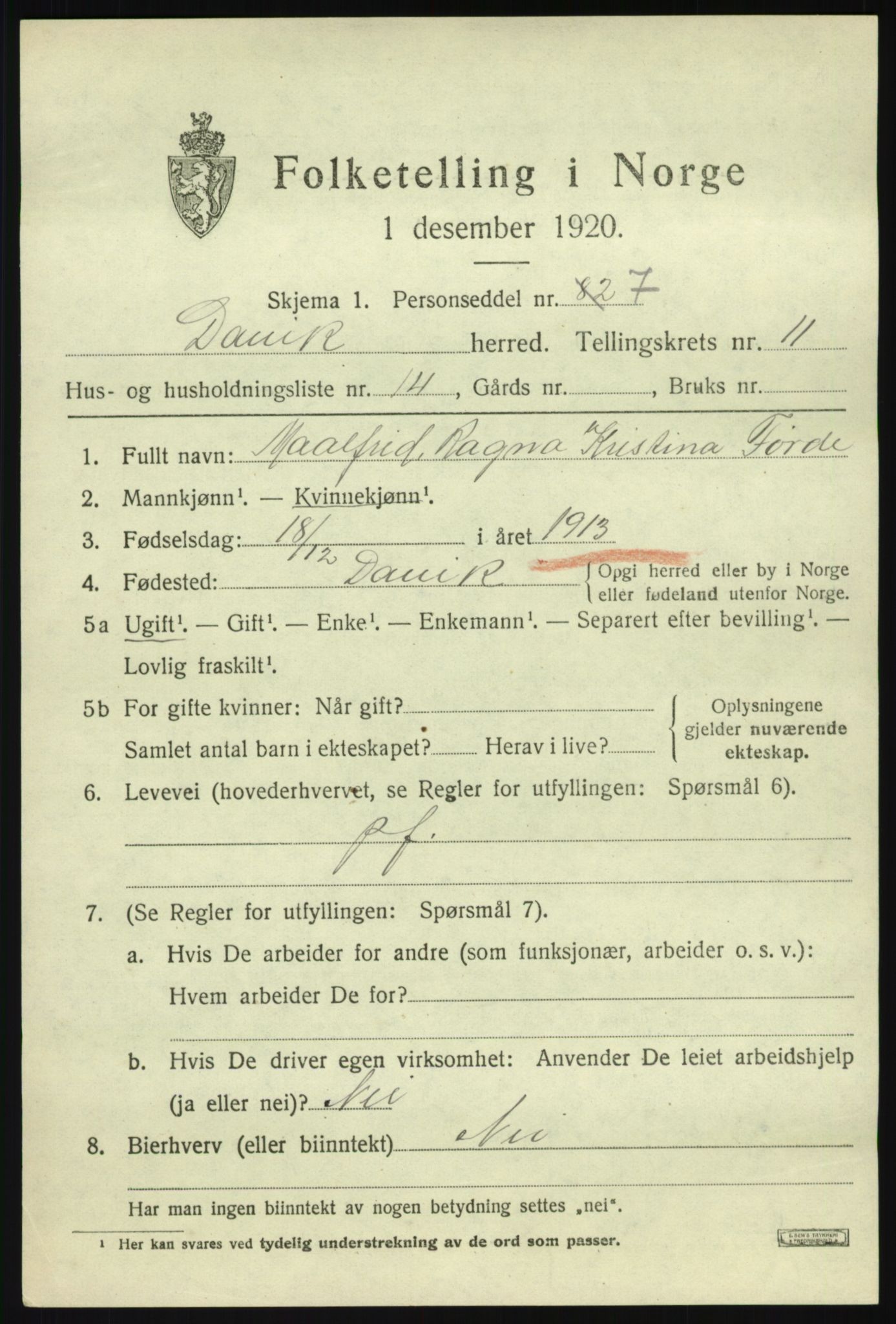 SAB, 1920 census for Davik, 1920, p. 5527