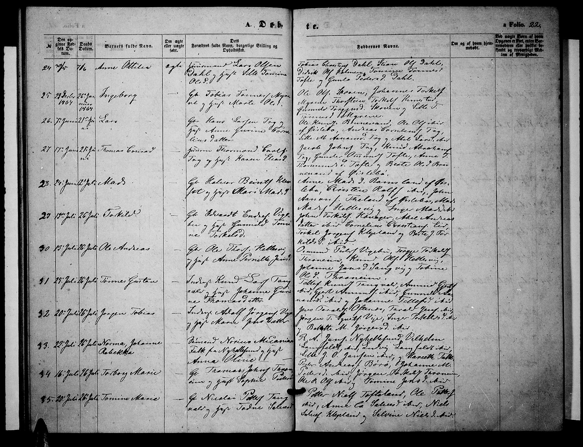 Søgne sokneprestkontor, SAK/1111-0037/F/Fb/Fbb/L0004: Parish register (copy) no. B 4, 1864-1883, p. 22