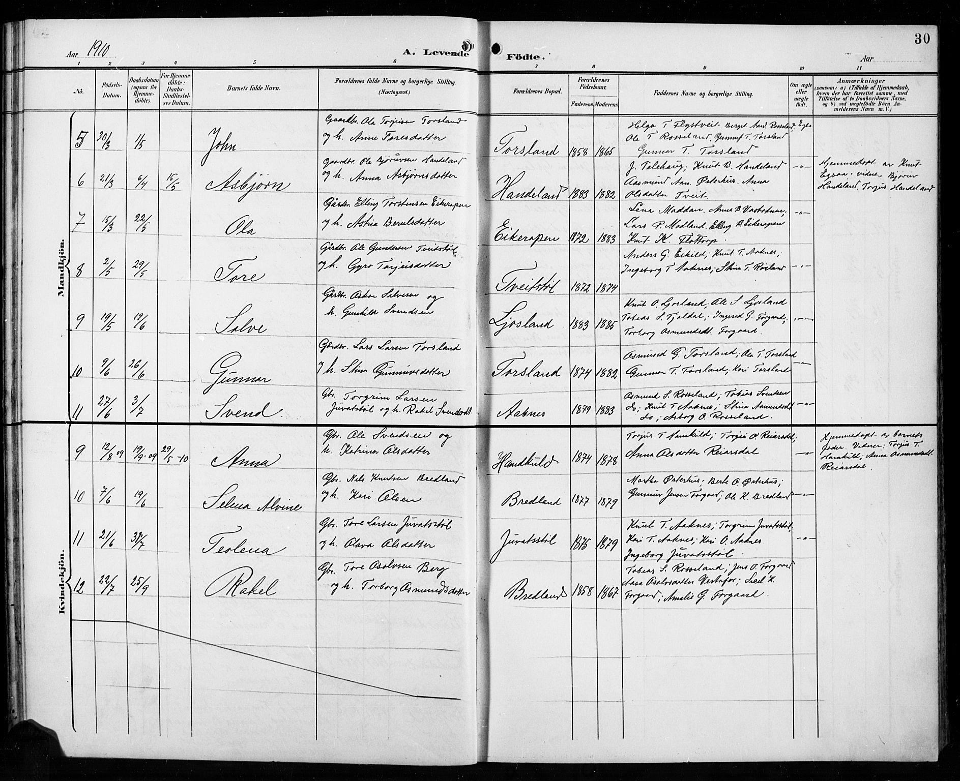 Åseral sokneprestkontor, SAK/1111-0051/F/Fb/L0003: Parish register (copy) no. B 3, 1900-1919, p. 30