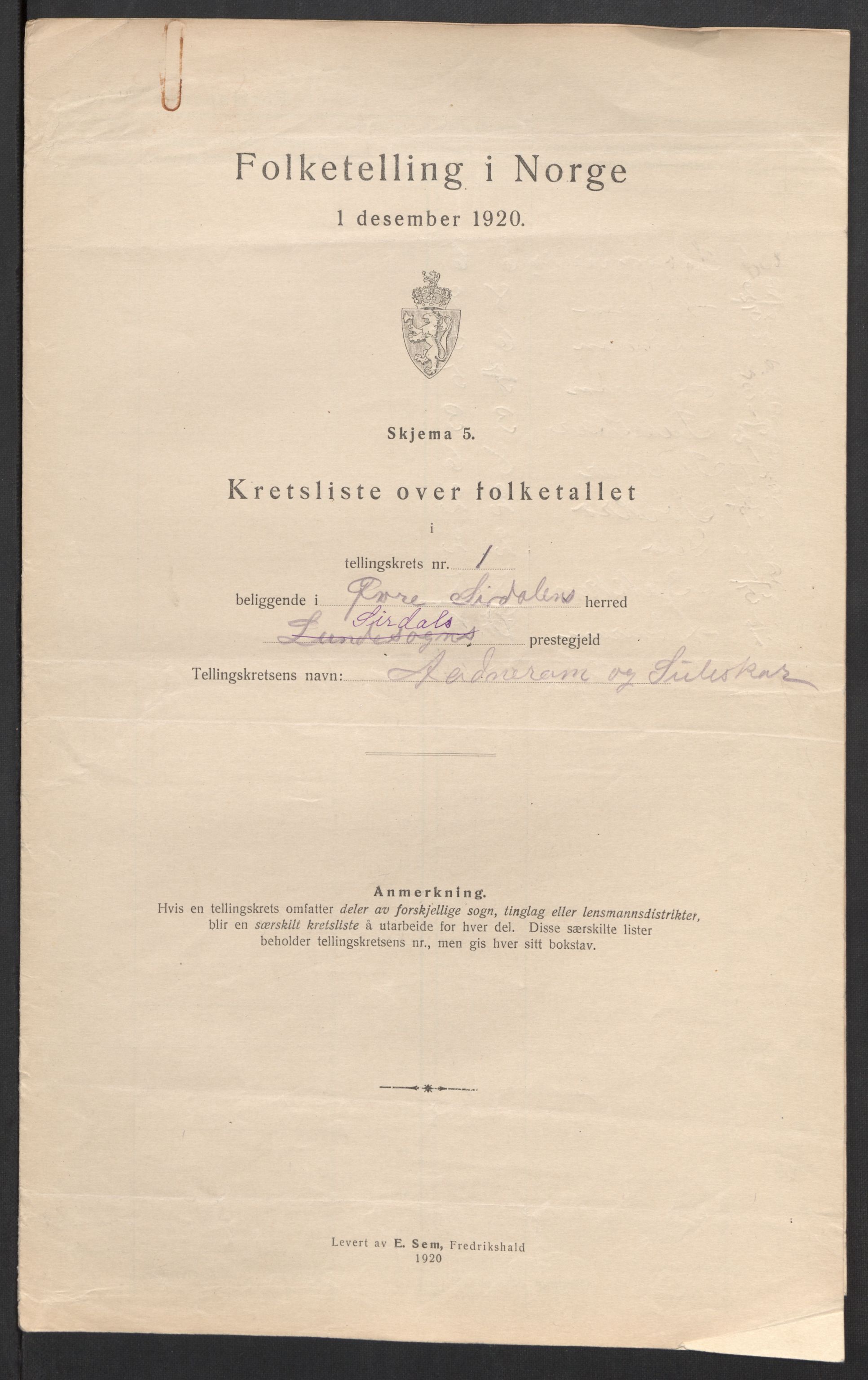 SAK, 1920 census for Øvre Sirdal, 1920, p. 6