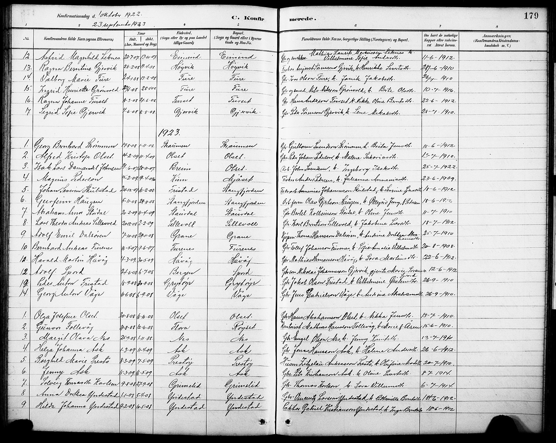 Askvoll sokneprestembete, AV/SAB-A-79501/H/Hab/Haba/L0003: Parish register (copy) no. A 3, 1886-1928, p. 179