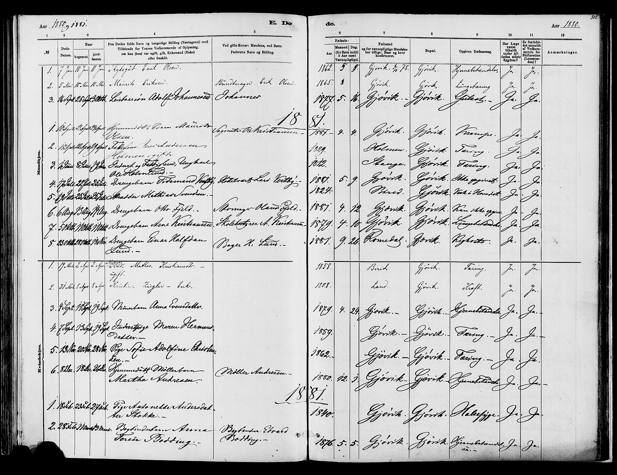 Vardal prestekontor, SAH/PREST-100/H/Ha/Haa/L0008: Parish register (official) no. 8, 1878-1890, p. 302