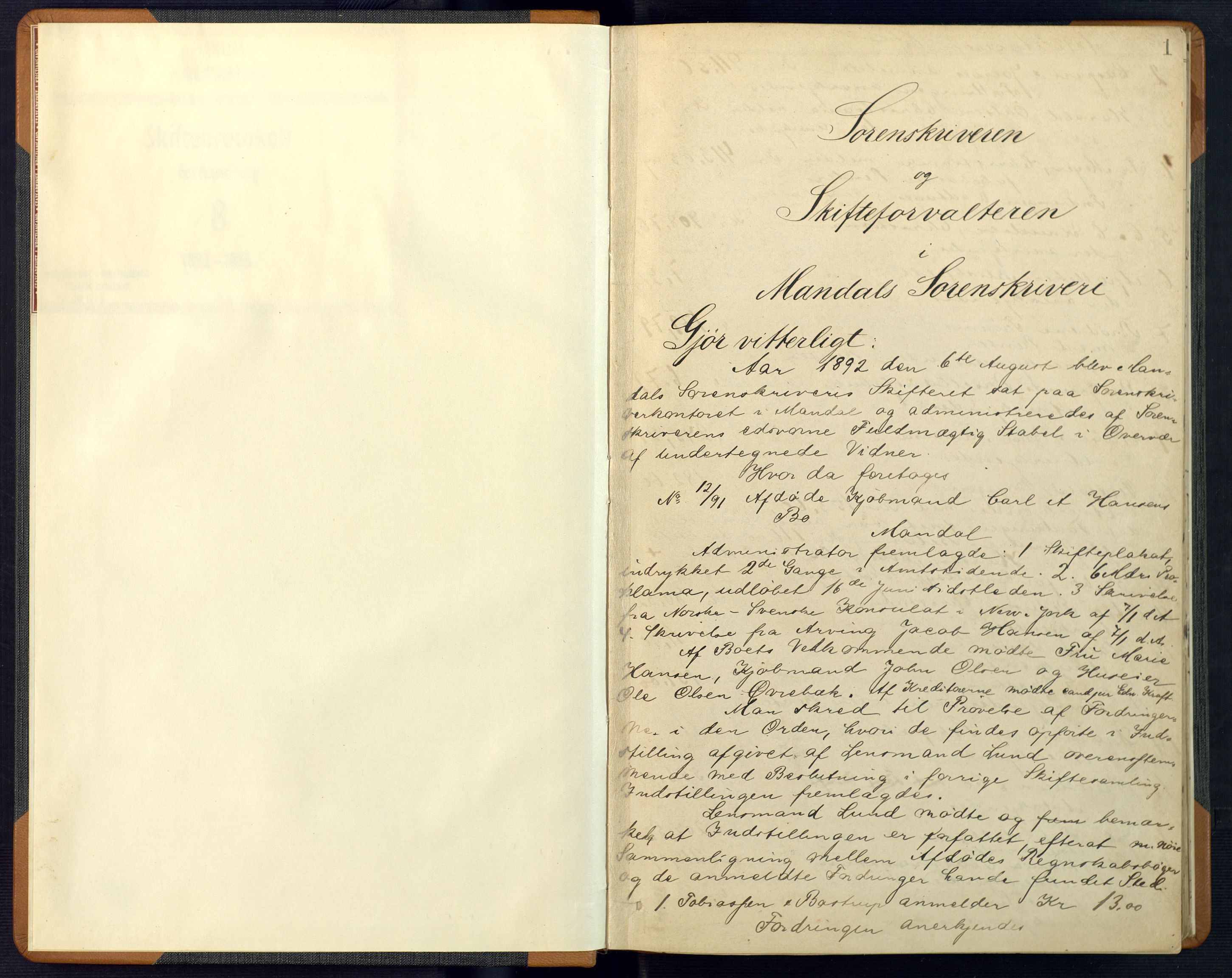 Mandal sorenskriveri, SAK/1221-0005/001/H/Hc/L0076: Skifteforhandlingsprotokoll nr 8, 1892-1895, p. 1