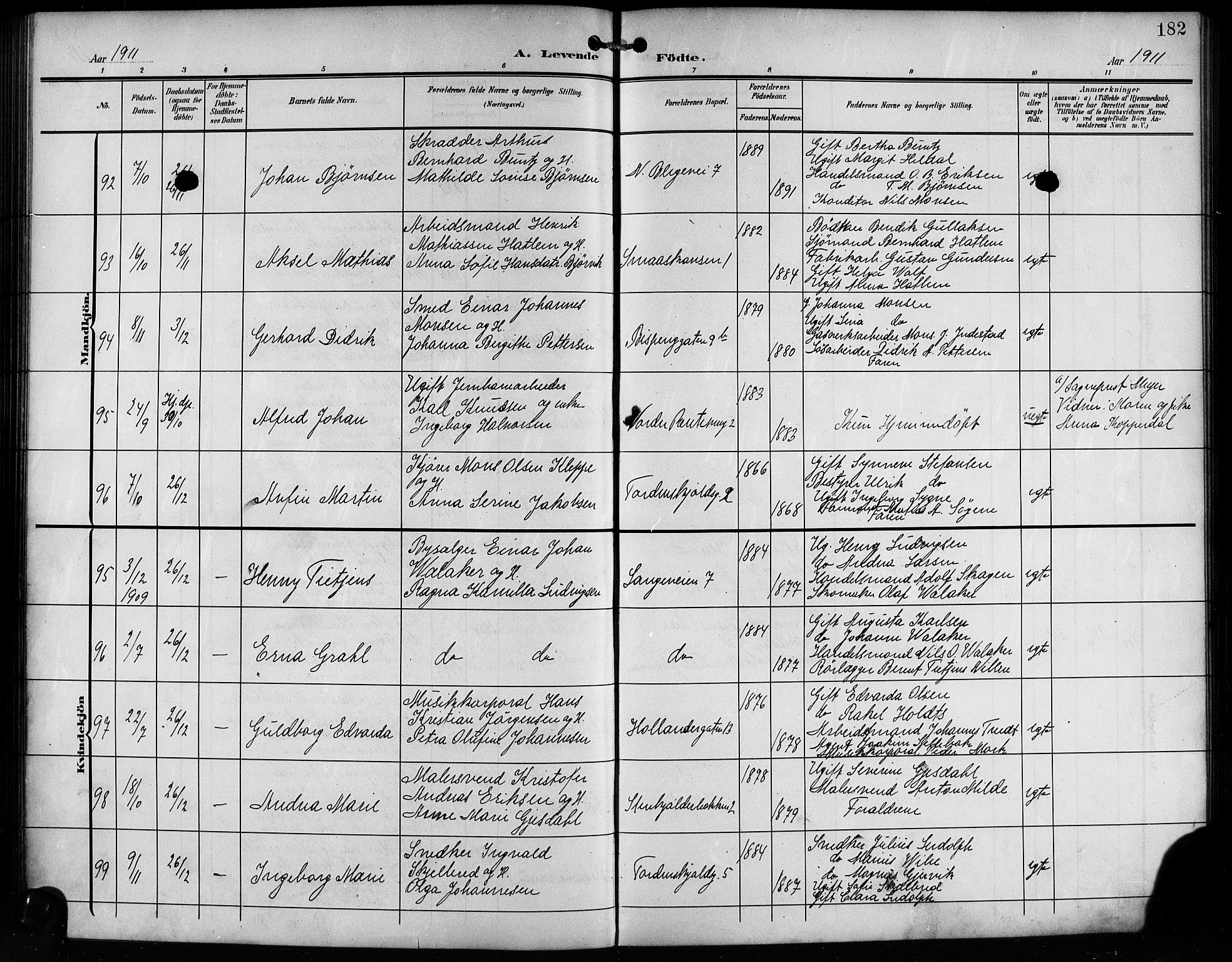 Korskirken sokneprestembete, AV/SAB-A-76101/H/Hab: Parish register (copy) no. B 11, 1905-1916, p. 182