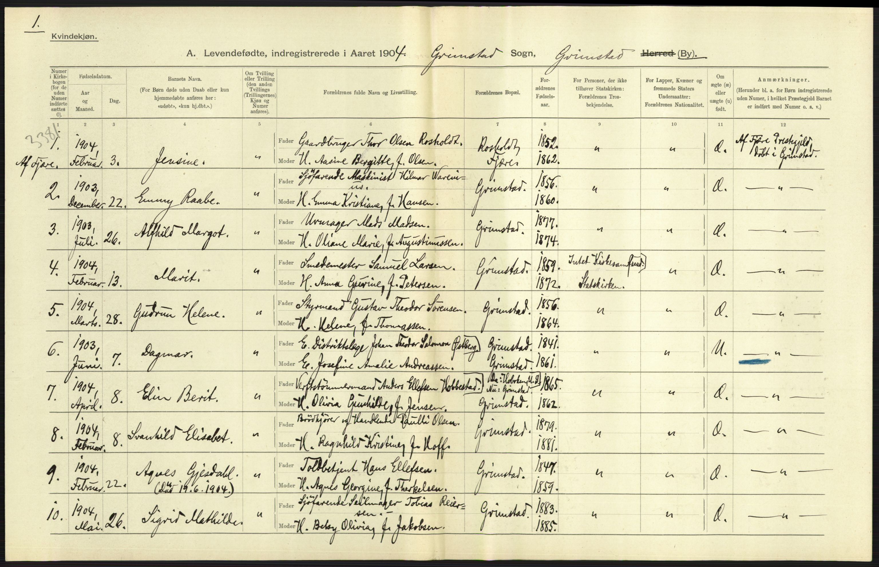 Statistisk sentralbyrå, Sosiodemografiske emner, Befolkning, AV/RA-S-2228/D/Df/Dfa/Dfab/L0010: Nedenes amt: Fødte, gifte, døde, 1904, p. 255