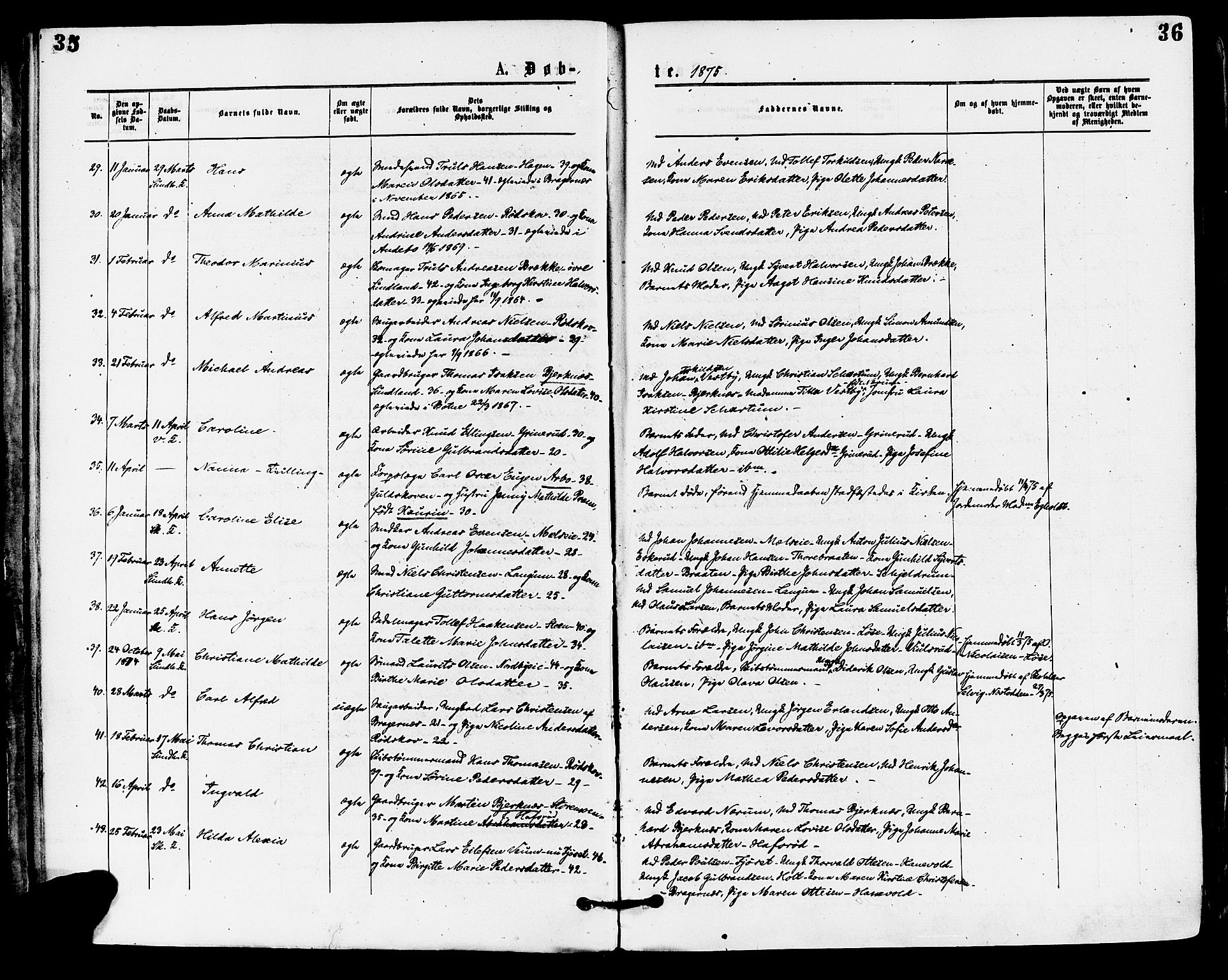 Skoger kirkebøker, AV/SAKO-A-59/F/Fa/L0005: Parish register (official) no. I 5, 1873-1884, p. 35-36