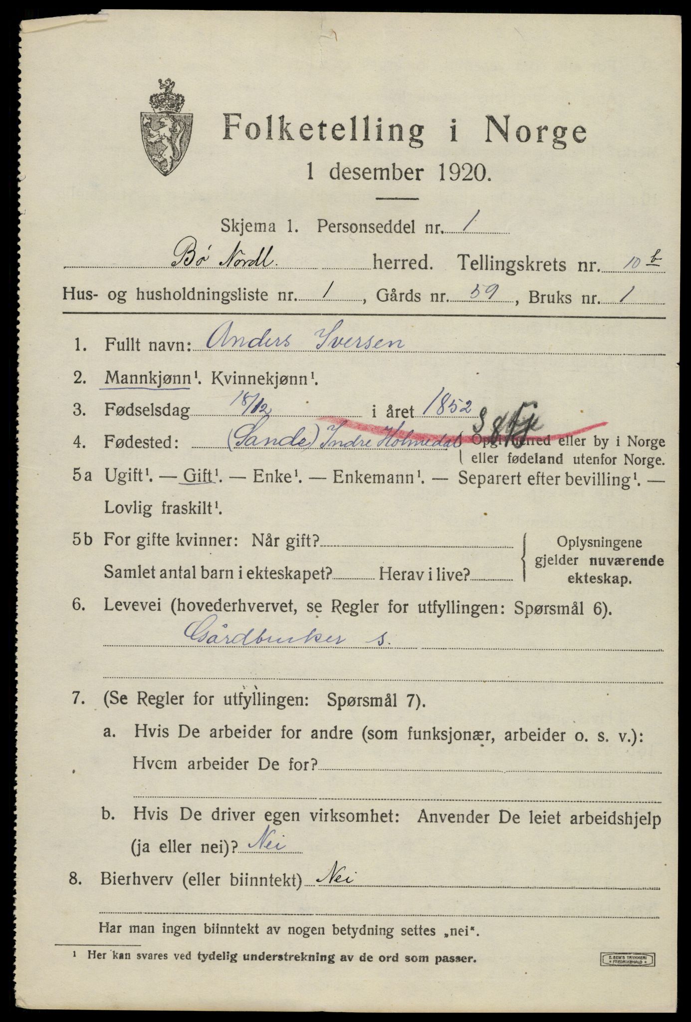 SAT, 1920 census for Bø, 1920, p. 9552