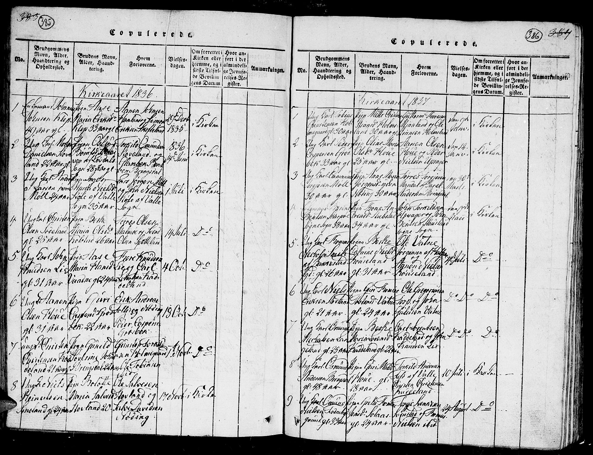 Holum sokneprestkontor, SAK/1111-0022/F/Fb/Fba/L0002: Parish register (copy) no. B 2, 1820-1849, p. 385-386